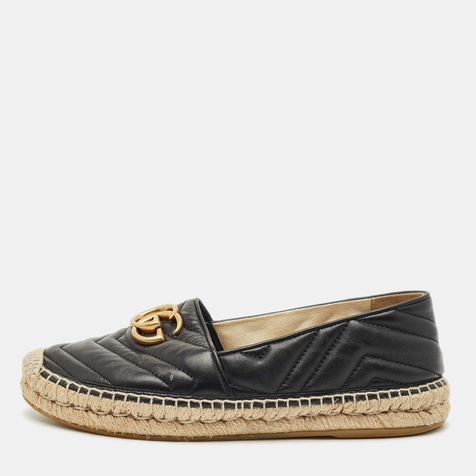 Pre Owned Gucci Black Leather GG Marmont Espadrille Flats Size 37.5