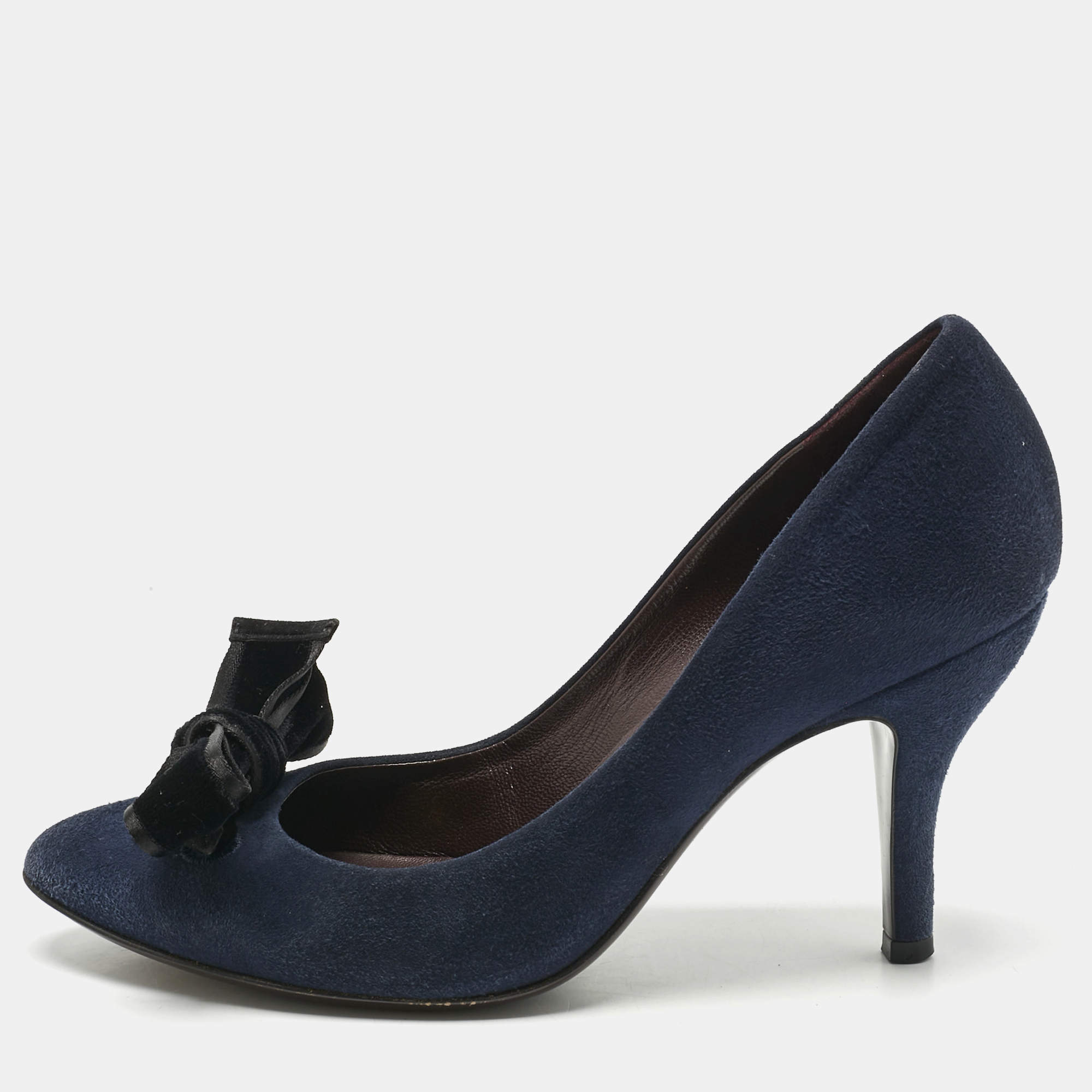 Pre Owned Gucci Navy Blue Suede and Velvet Bow Pumps Size 36.5