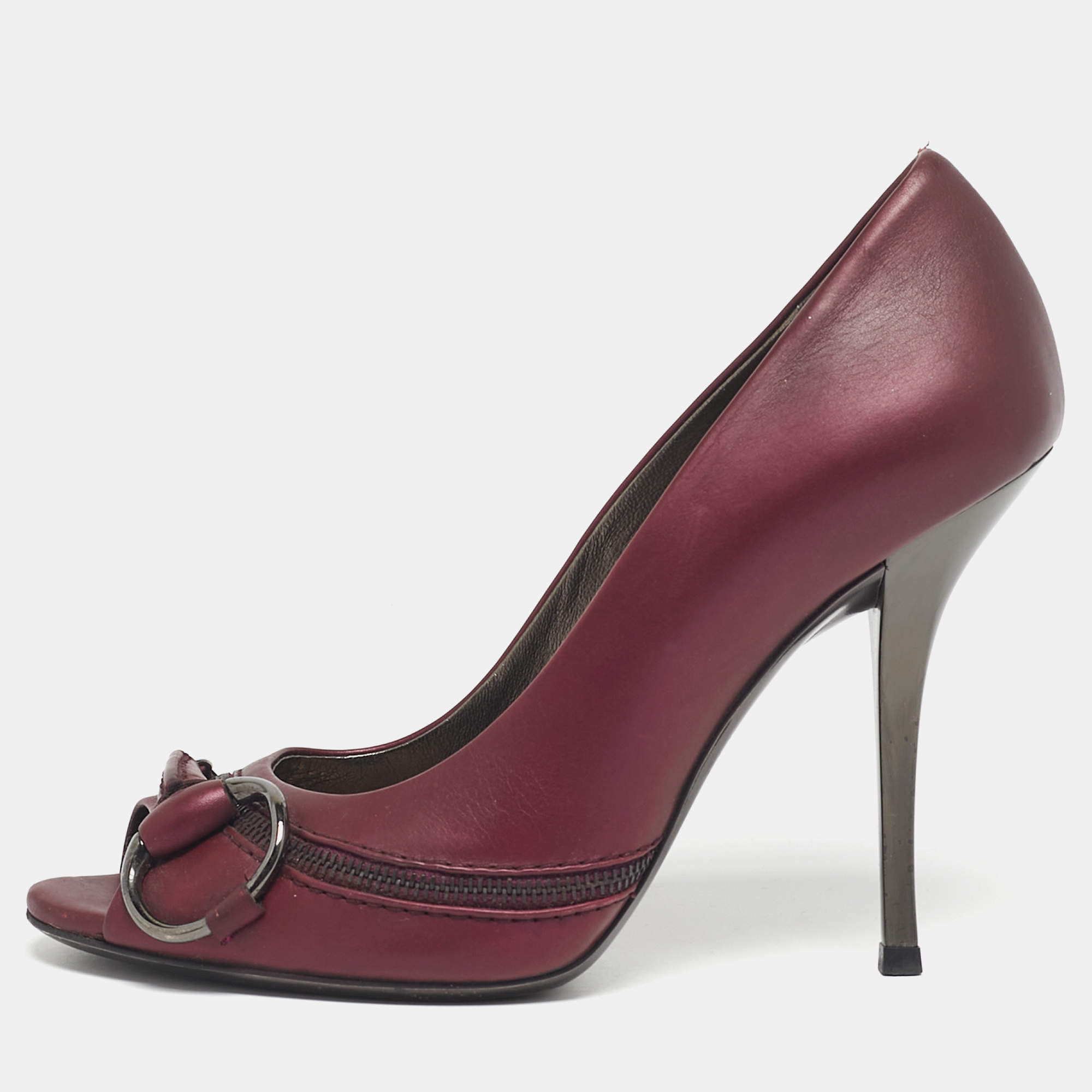 Pre Owned Gucci Plum Leather Flyod Horsebit Detail Peep Toe Pumps Size 36.5