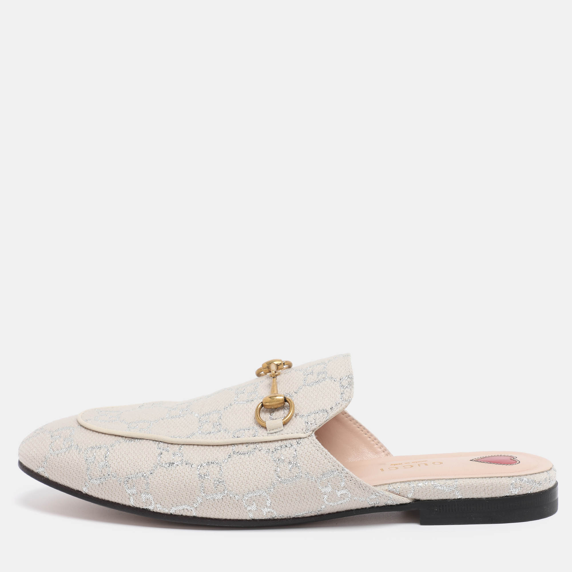 Pre Owned Gucci Cream Canvas Princetown Horsebit Mules Size 38.5