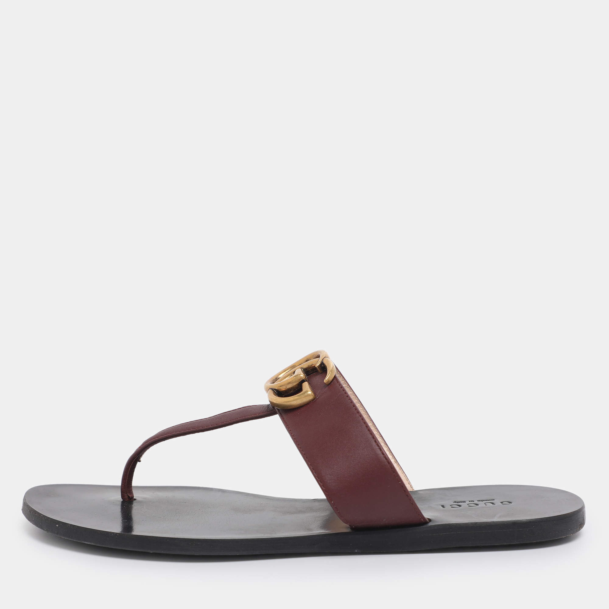 Pre Owned Gucci Burgundy Leather GG Marmont Thong Flats Size 36
