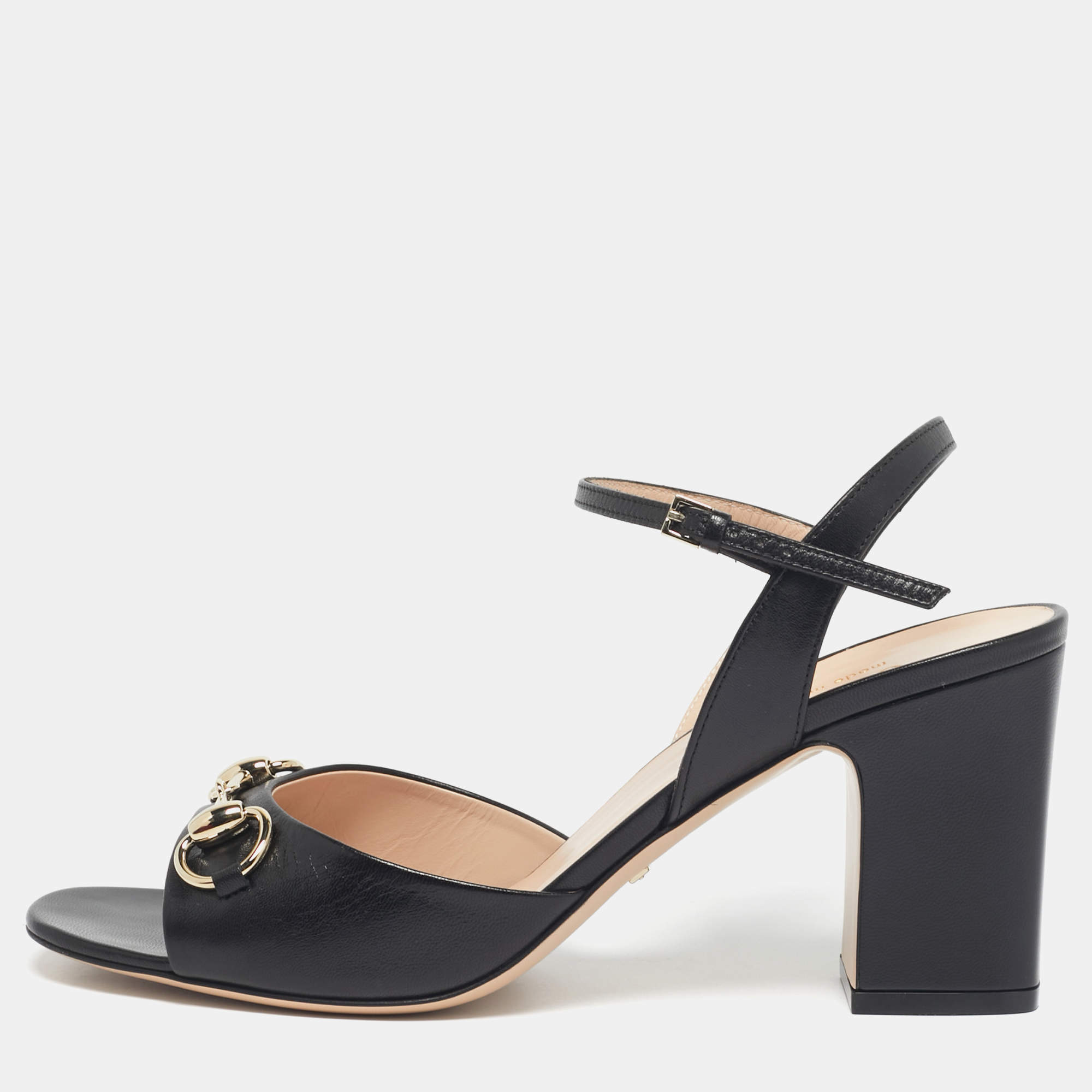 Pre Owned Gucci Black Leather Horsebit Ankle Strap Sandals Size 39