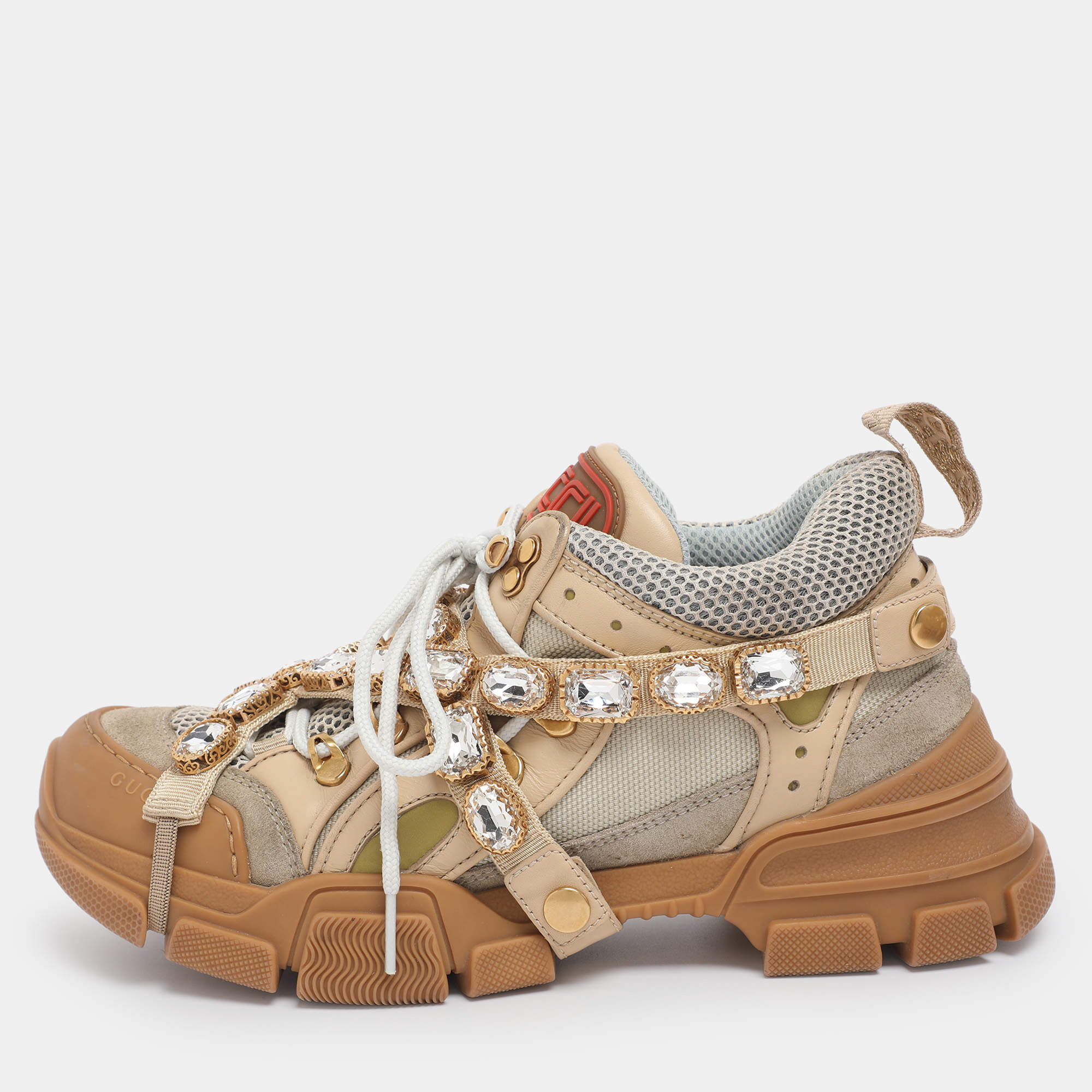 Pre Owned Gucci Beige Leather, Suede and Mesh Flashtrek Chunky Sneakers Size 39