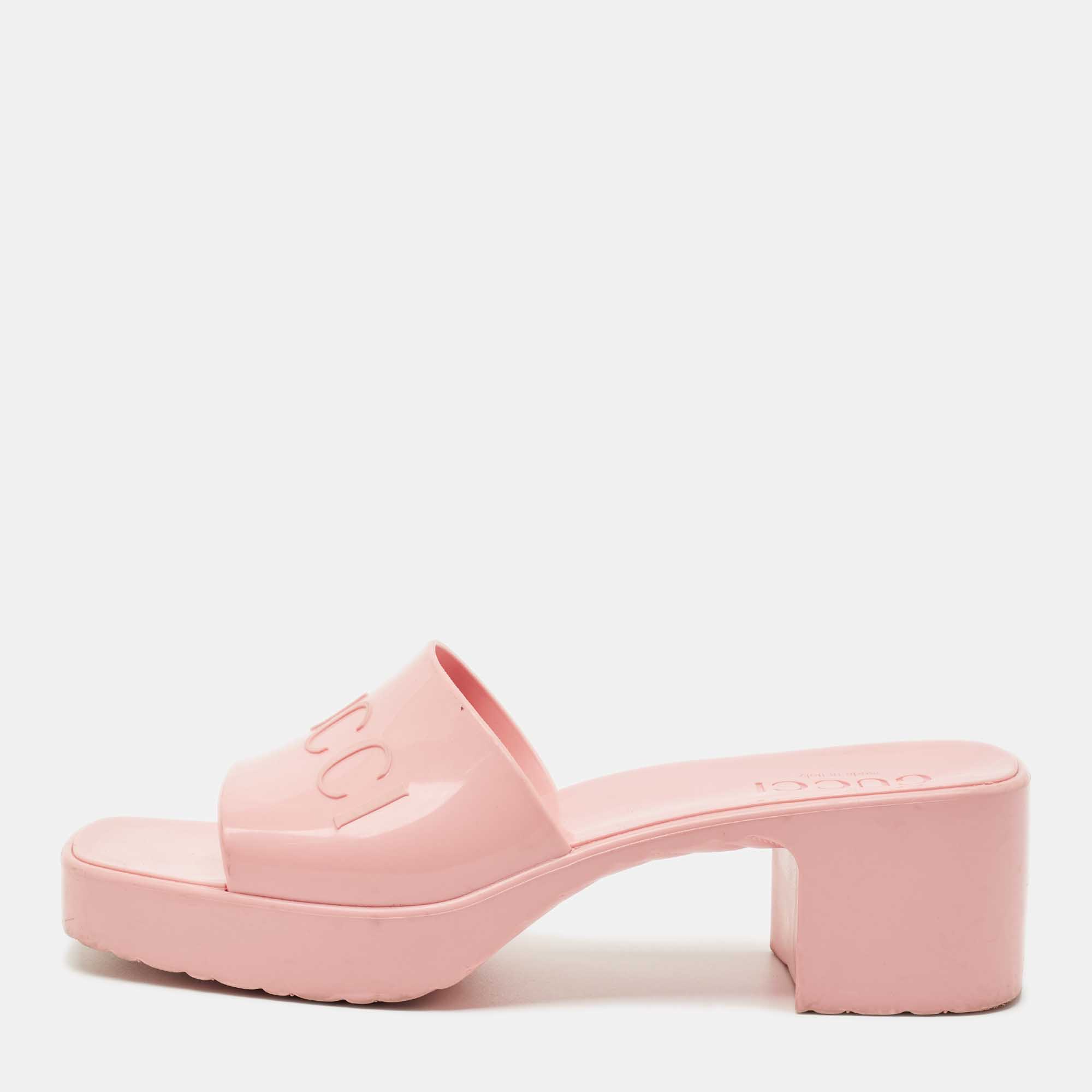 Pre Owned Gucci Pink Rubber Embossed Logo Block Heel Slide Sandals Size 37