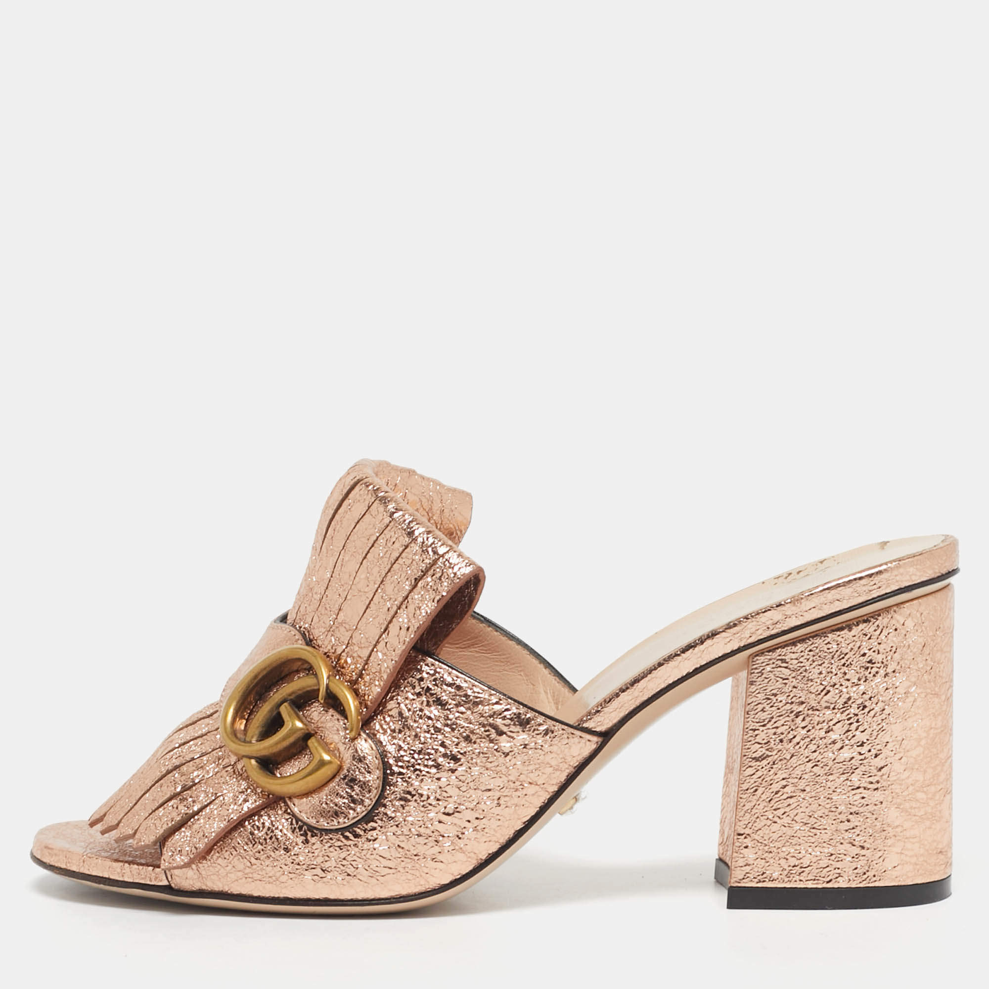 Pre Owned Gucci Metallic Leather GG Marmont Fringe Details Open Toe Sandals Size 37