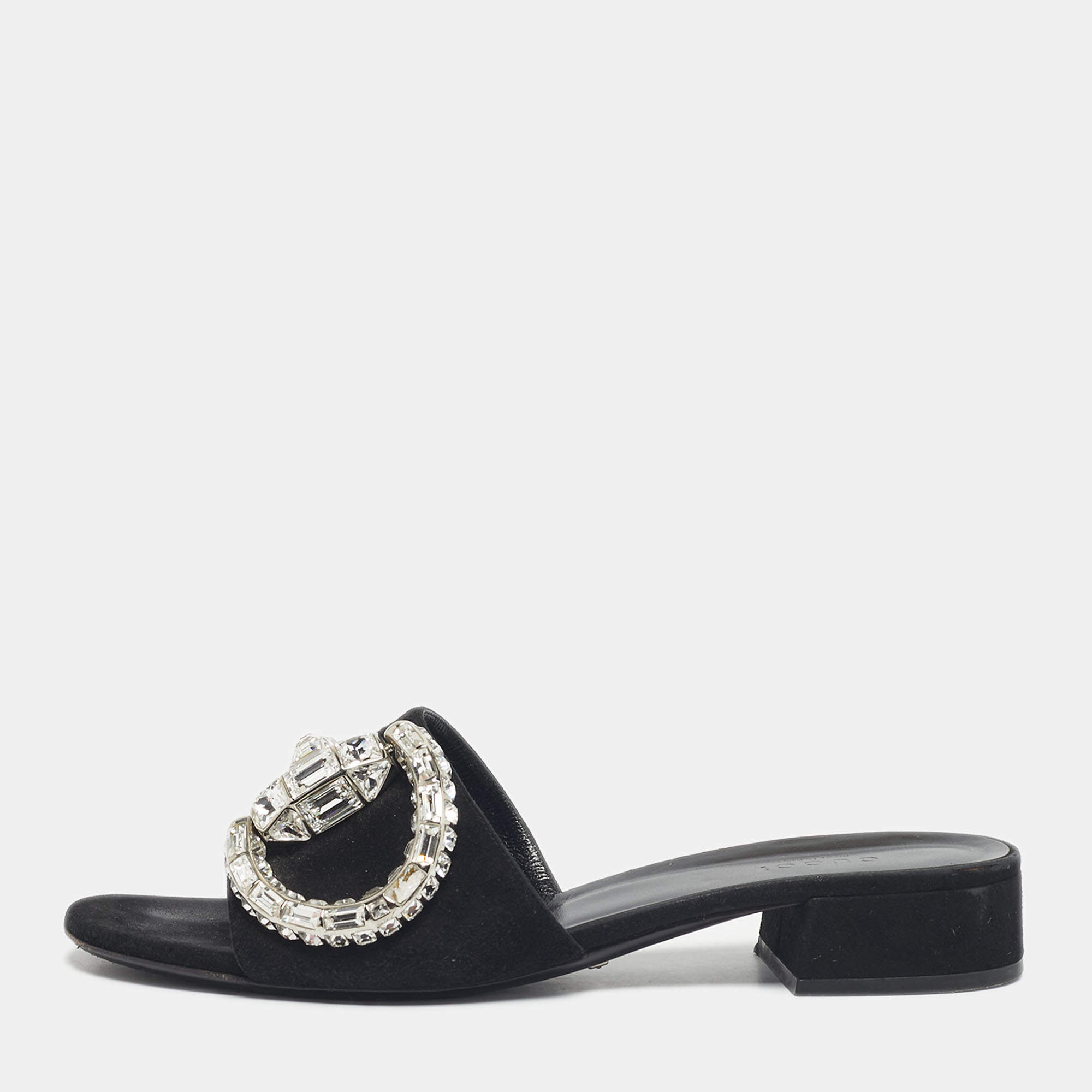 Pre Owned Gucci Black Suede Maxime Crystal Embellished Slide Sandals Size 38