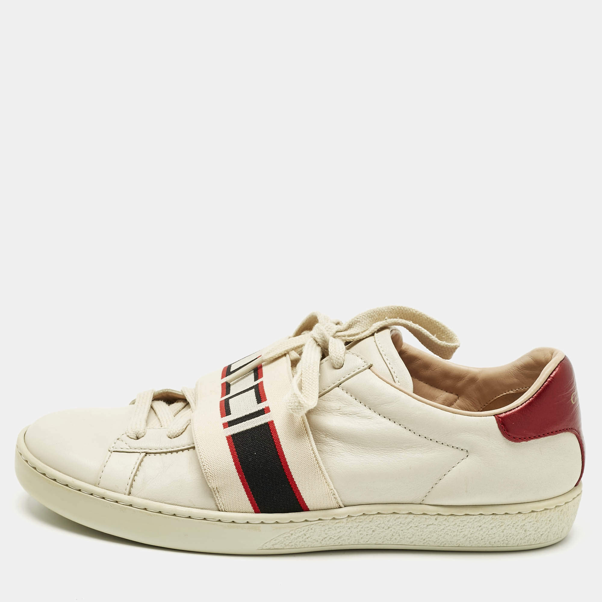 Pre Owned Gucci Cream/Red Leather Ace Stripe Low Top Sneakers Size 37