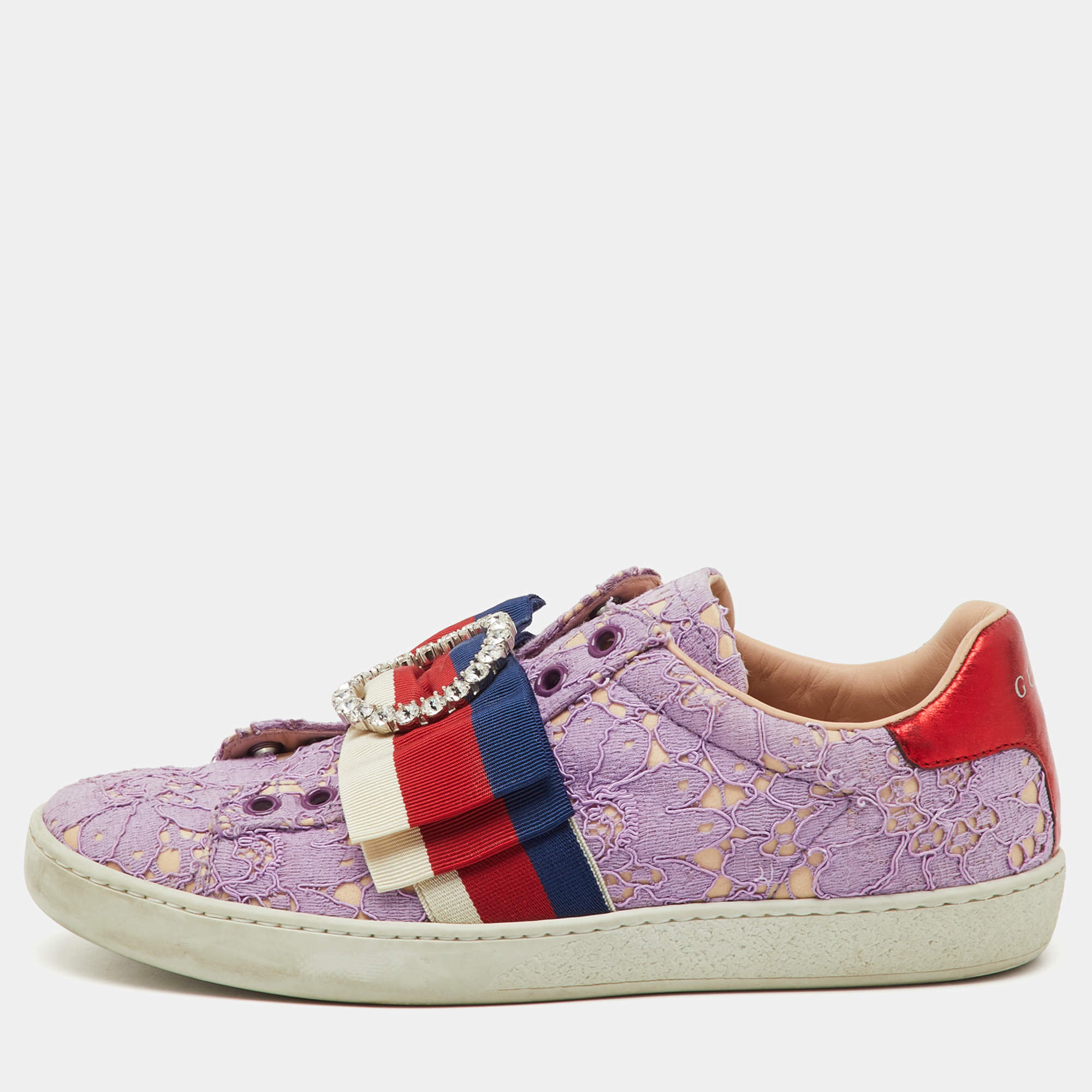 Pre Owned Gucci Purple Lace Crystal Sylvie Web Flower Leaf Ace Slip On Sneakers Size 35.5