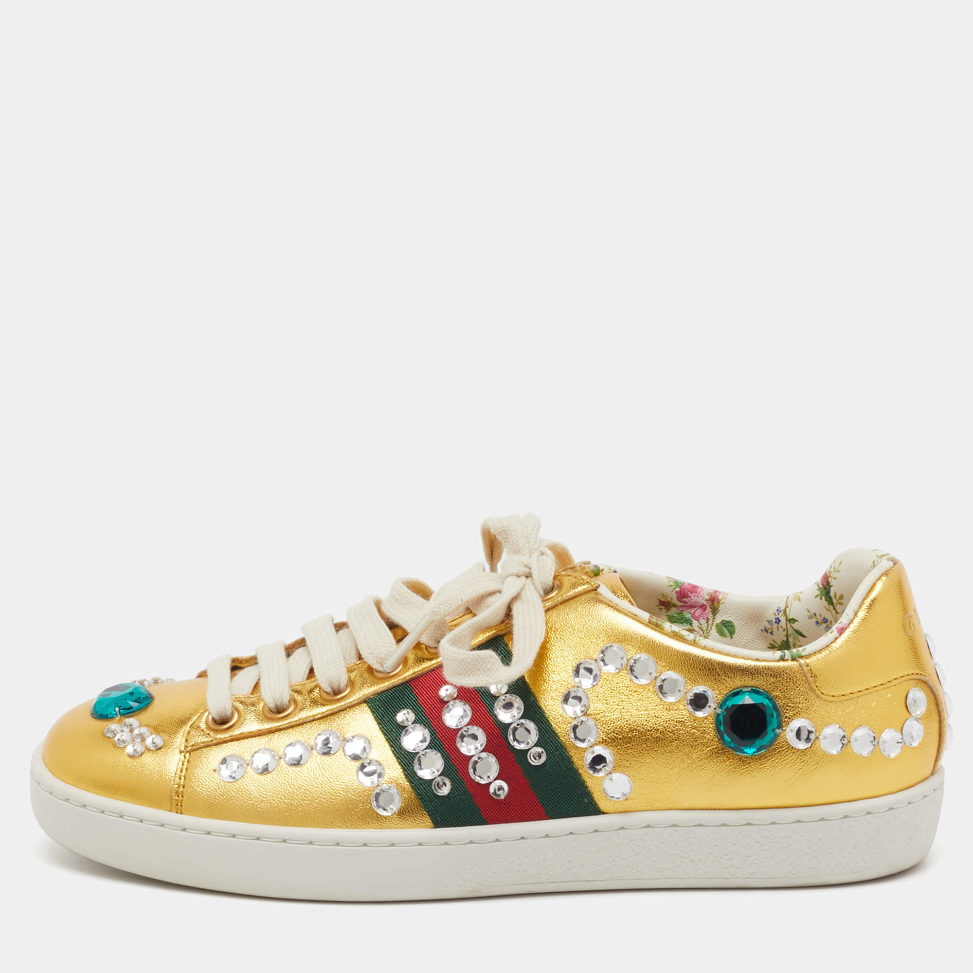 Pre Owned Gucci Metallic Gold Leather Crystal Web Low Top Sneakers Size 35