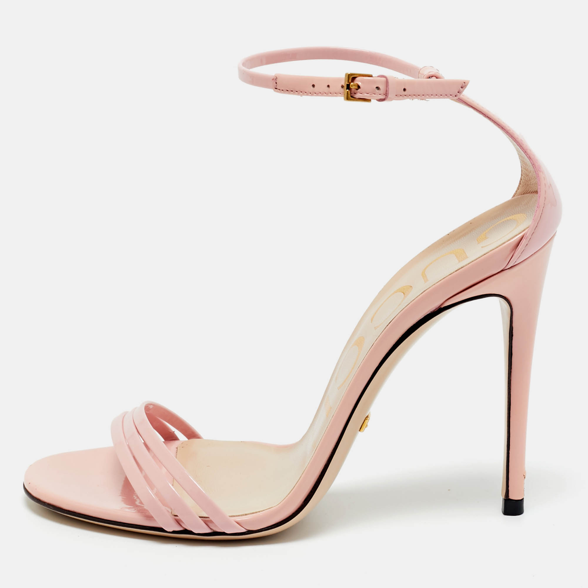 Pre Owned Gucci Pink Patent Leather Ankle Strap Sandals Size 35.5