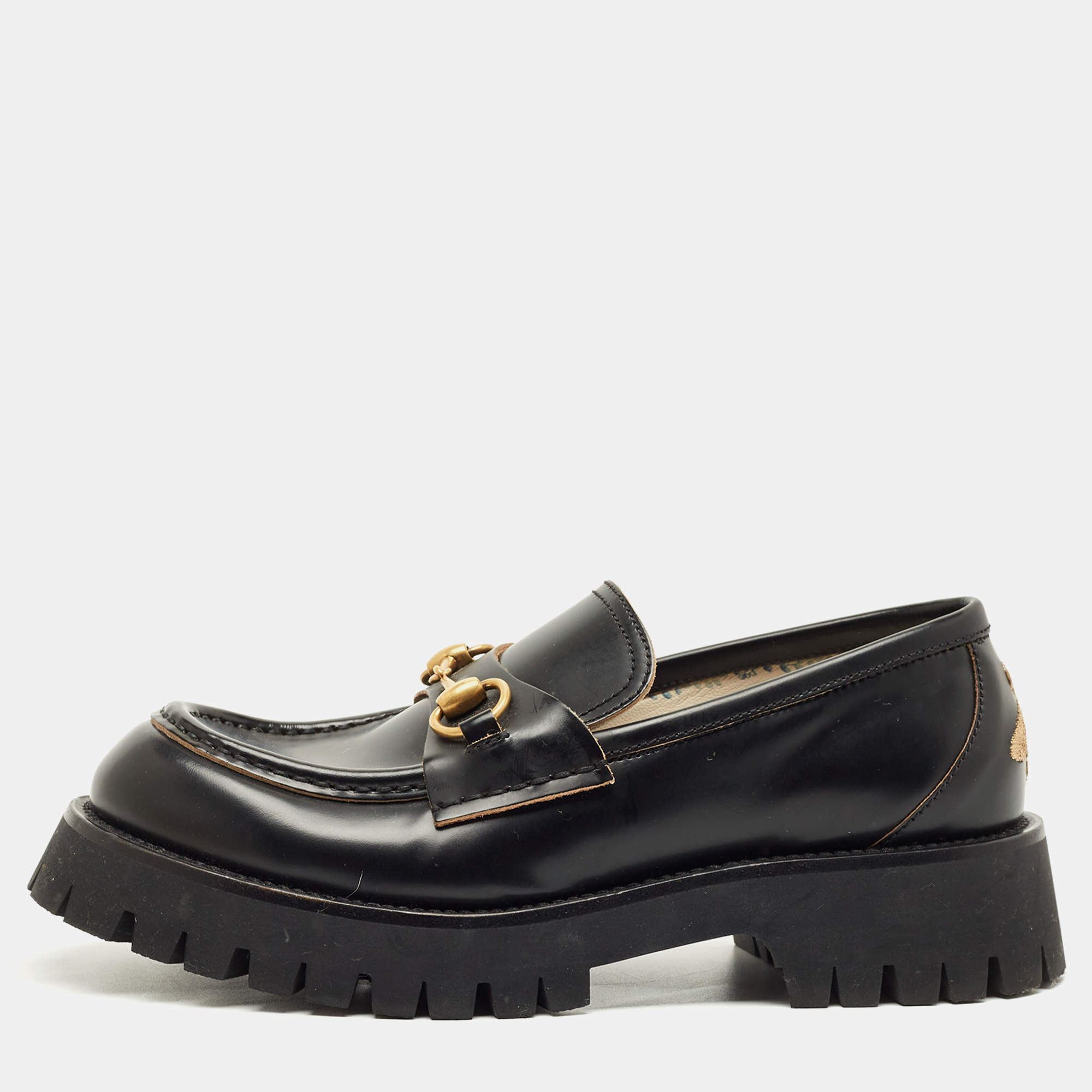 Pre Owned Gucci Black Leather Horsebit Loafers Size 39.5