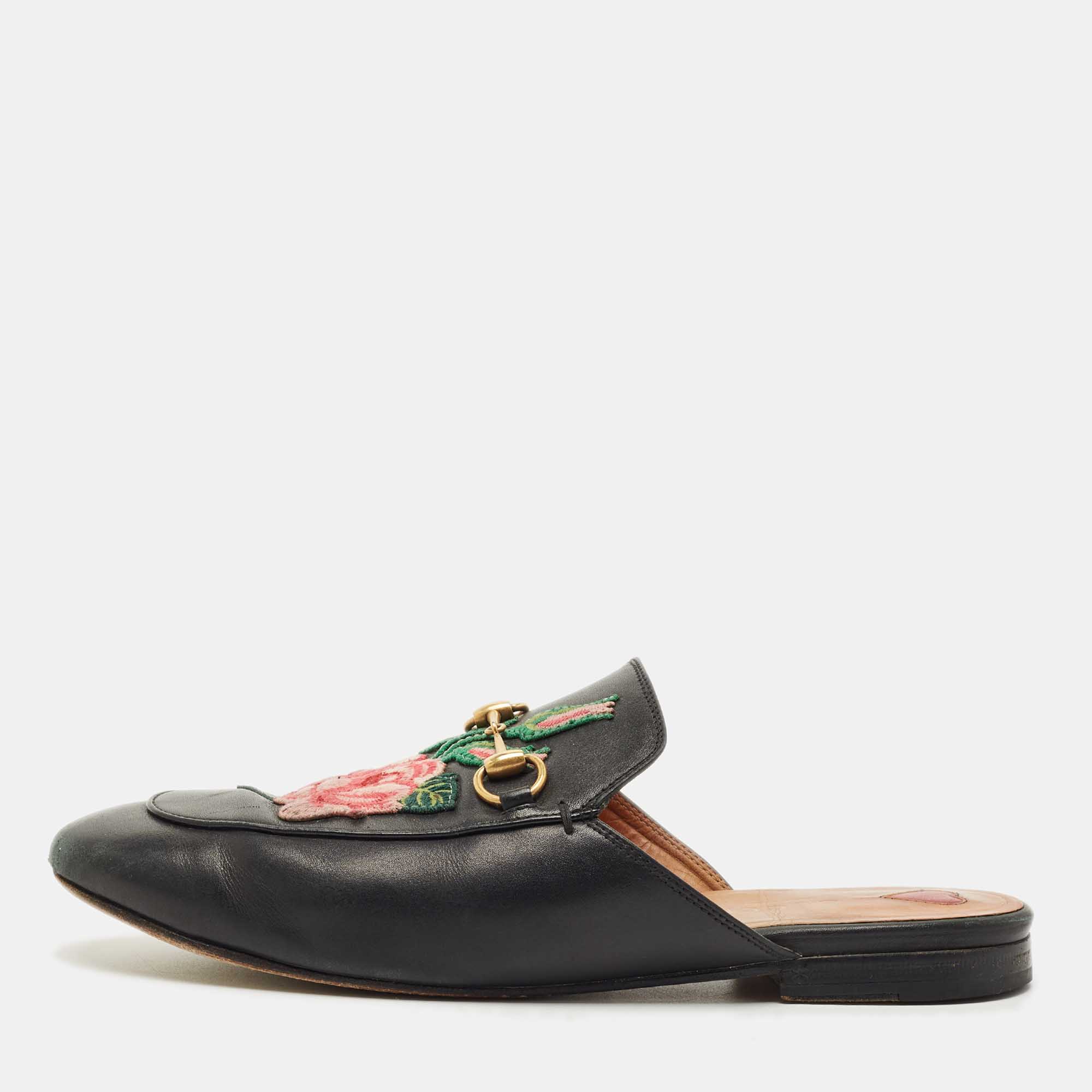 Pre Owned Gucci Black Leather Rose Embroidered Princetown Horsebit Flat Mules Size 39
