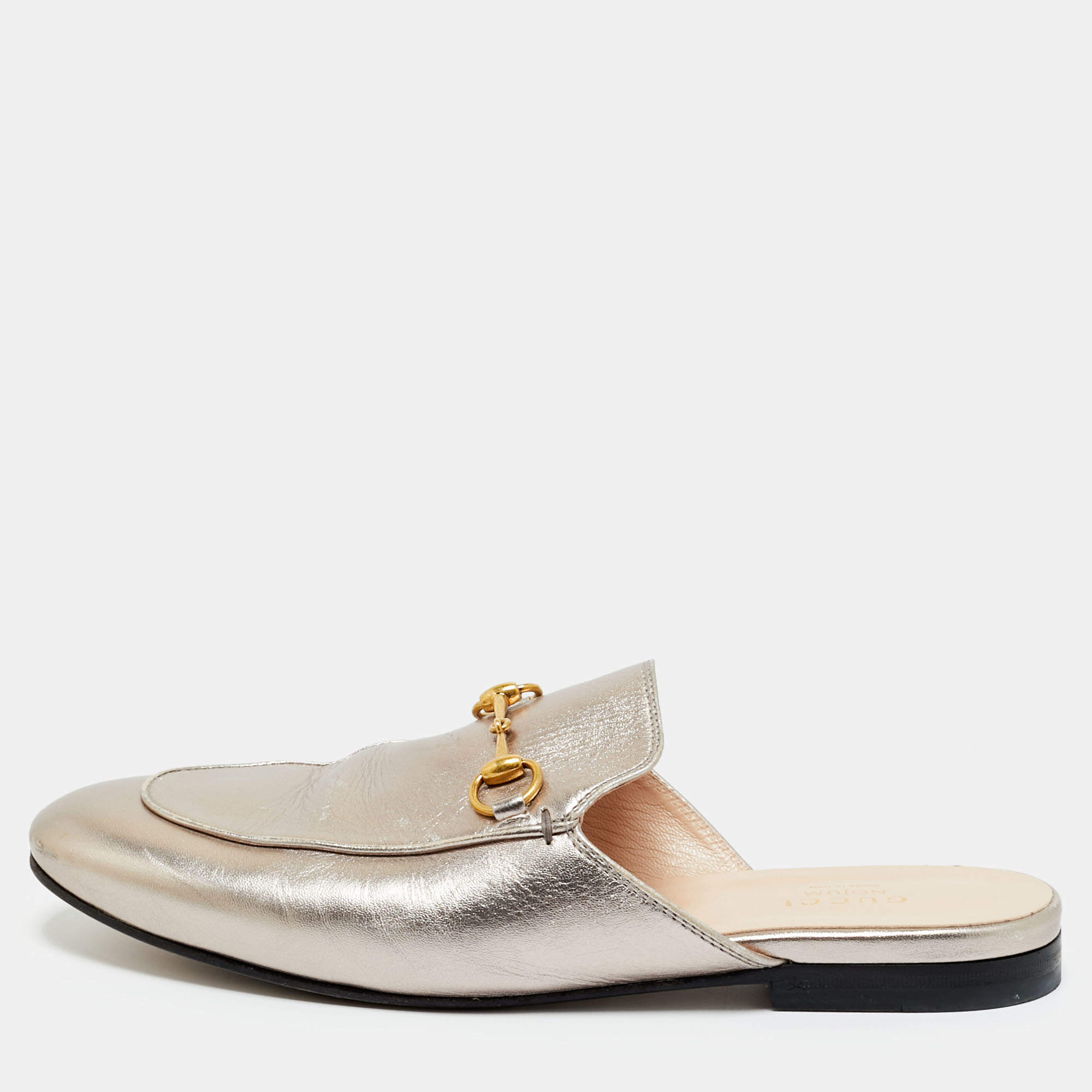 Pre Owned Gucci Silver Leather Horsebit Princetown Mules Size 38.5
