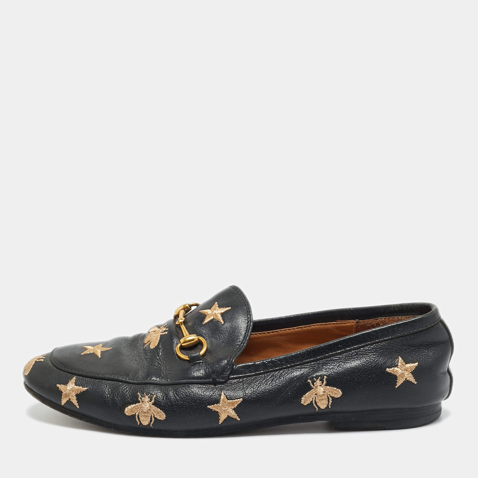 Pre Owned Gucci Black Leather Embroidered Bee Star Horsebit Slip On Loafers Size 39