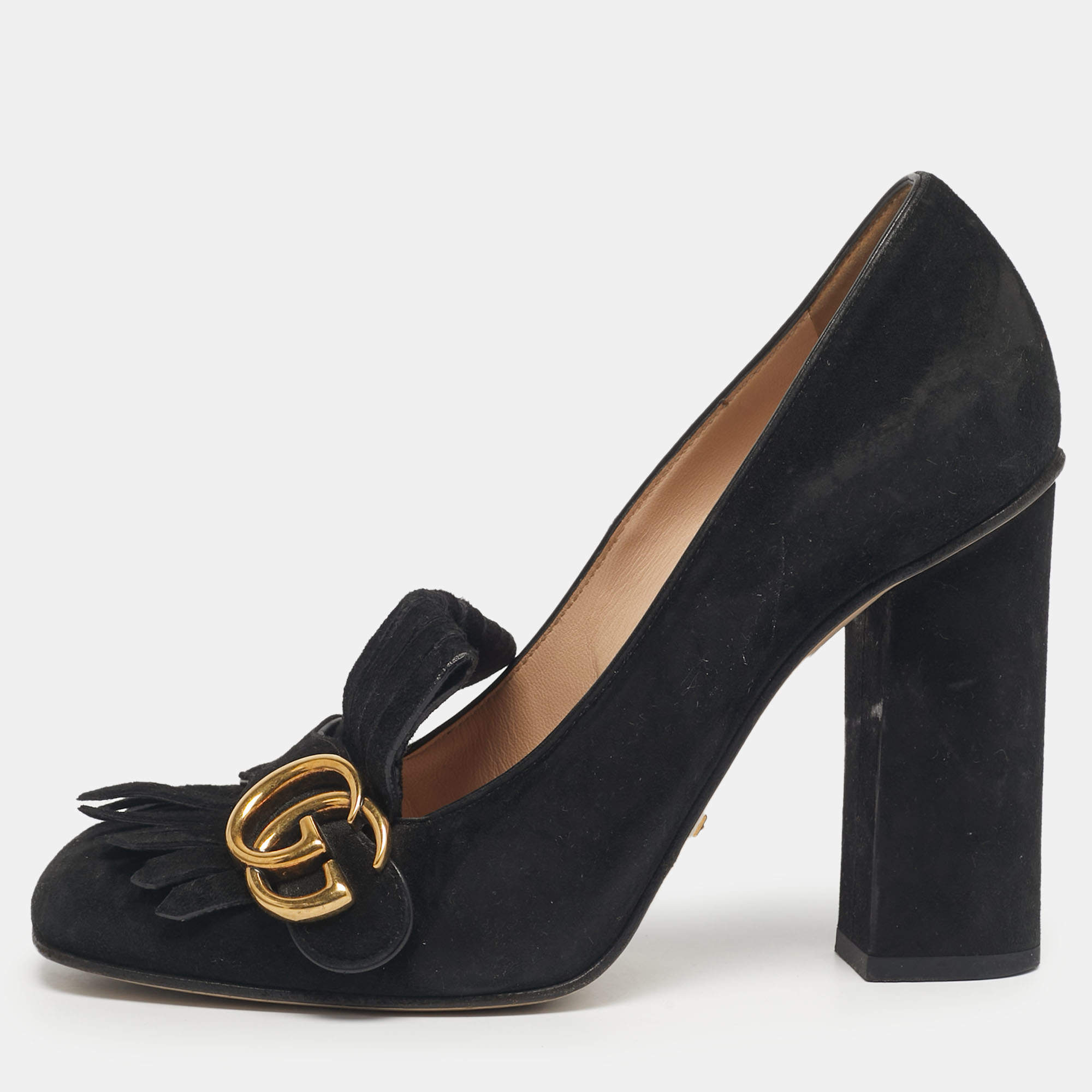 Pre Owned Gucci Black Suede GG Marmont Block Heel Pumps Size 38.5