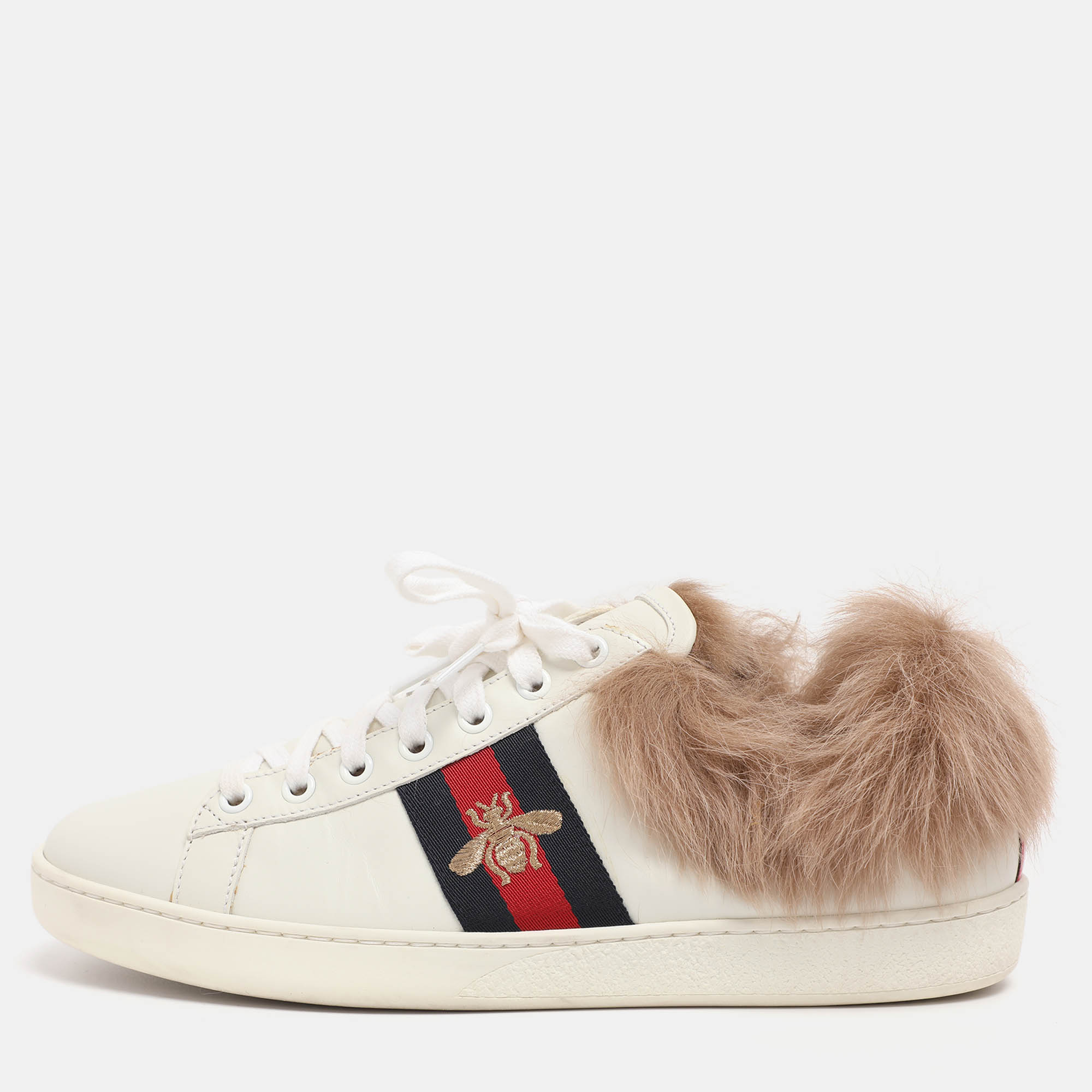 Pre Owned Gucci White Leather Fur Lined Ace Low Top Sneakers Size 38