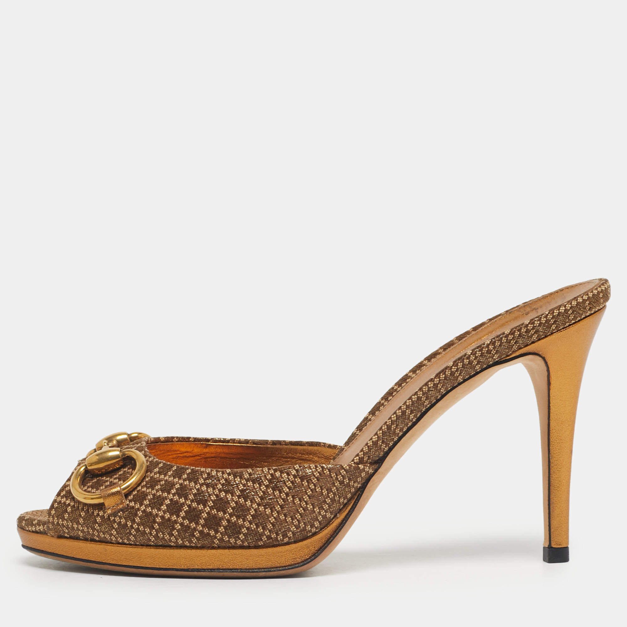 Pre Owned Gucci Bronze Diamante Fabric Horsebit Slide Sandals Size 37