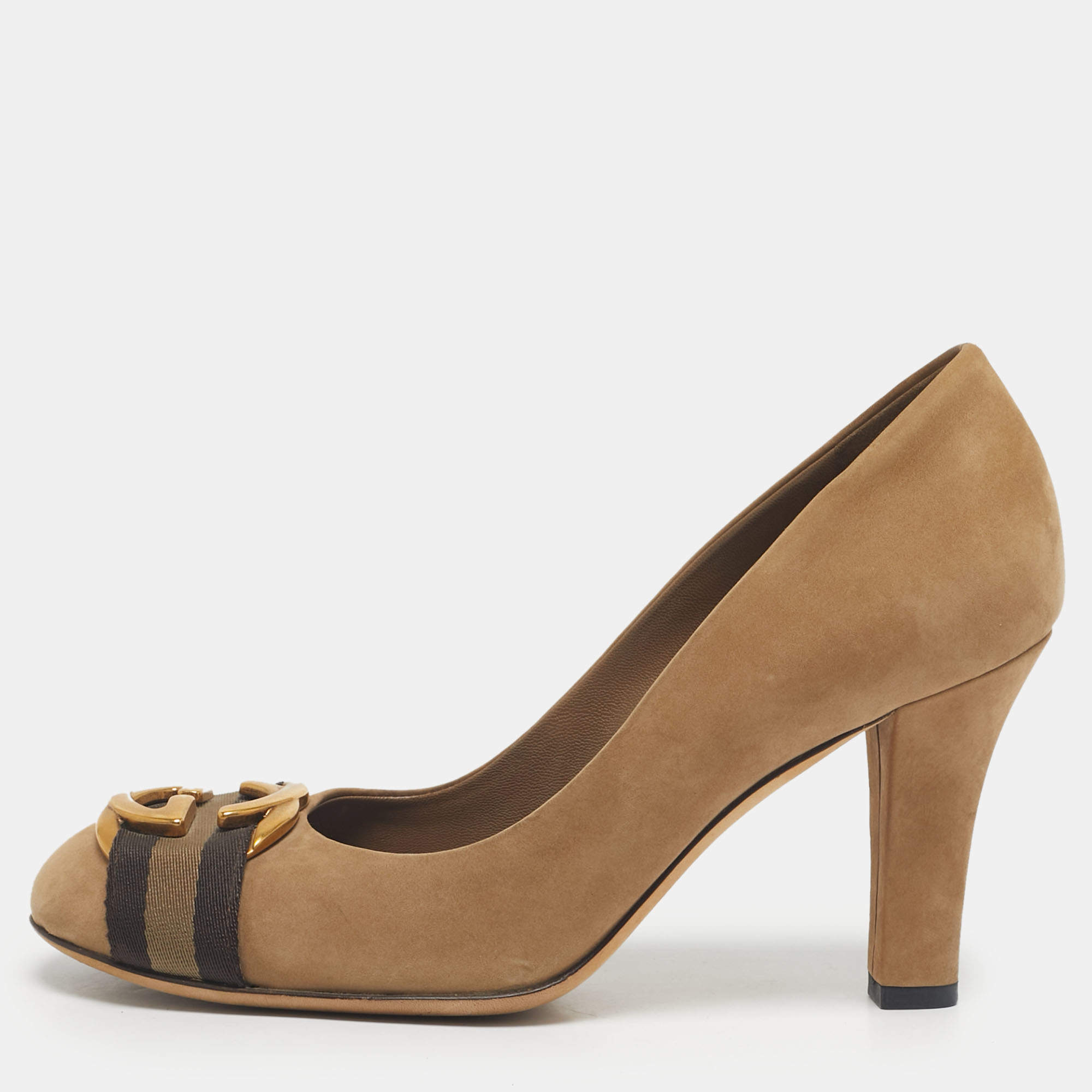 Pre Owned Gucci Beige Nubuck Leather Interlocking G Buckle Pumps Size 37