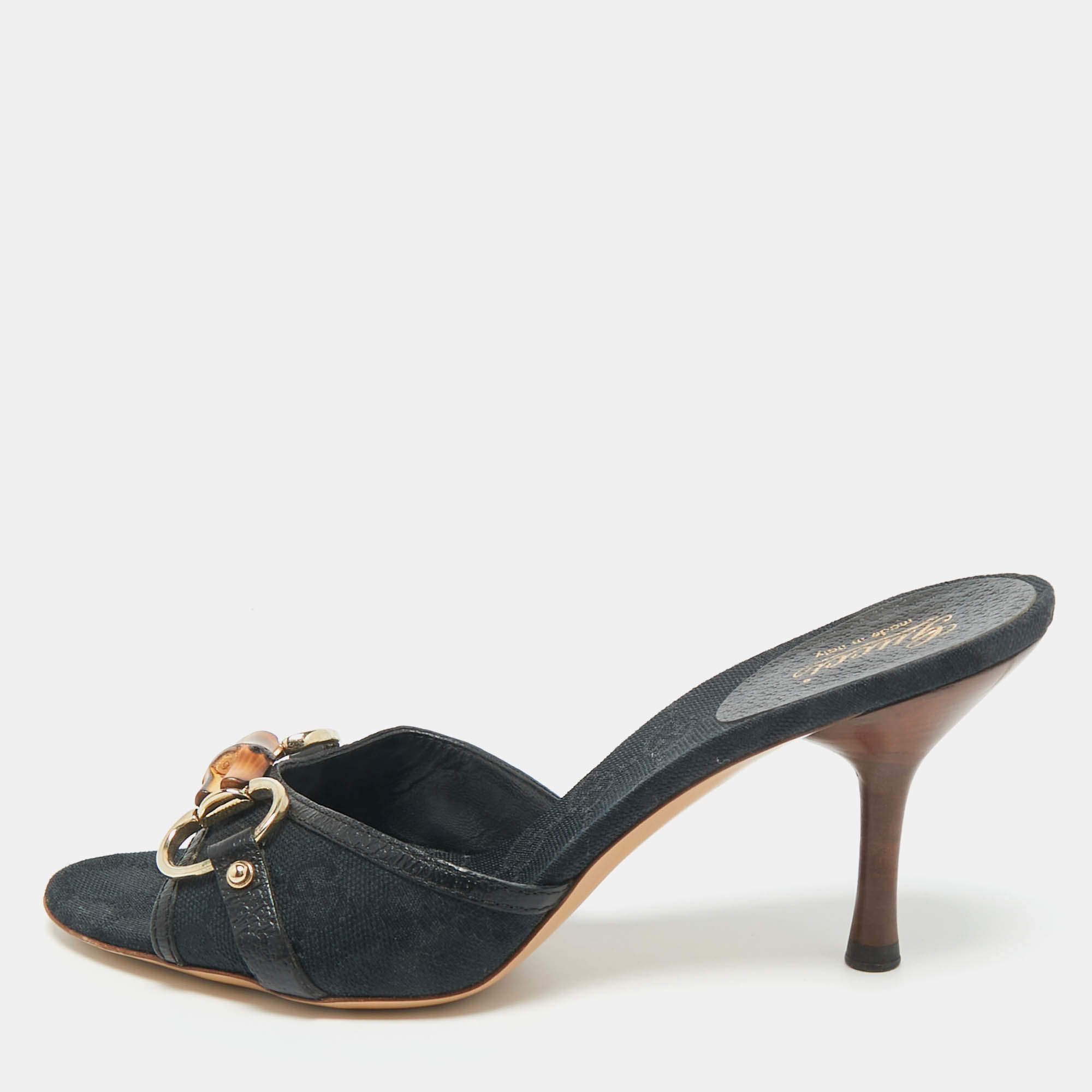 Pre Owned Gucci Black Canvas and Leather GG Horsebit Slide Sandals Size 35.5