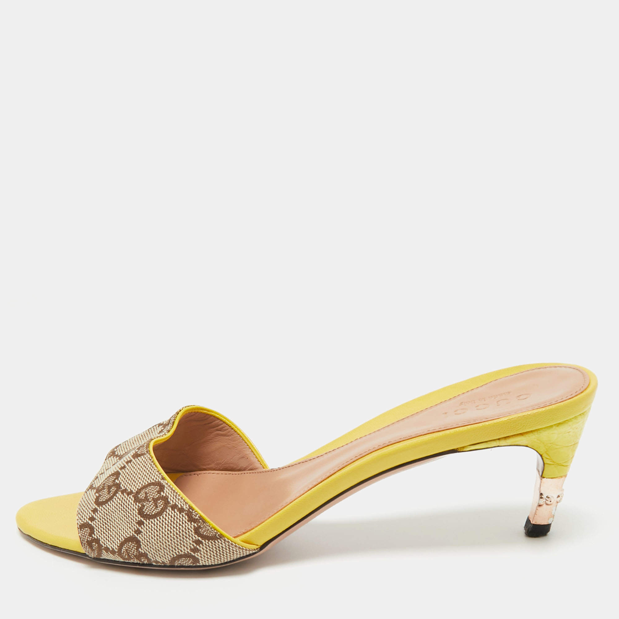 Pre Owned Gucci Yellow Leather and GG Canvas Slide Sandals Size 34.5