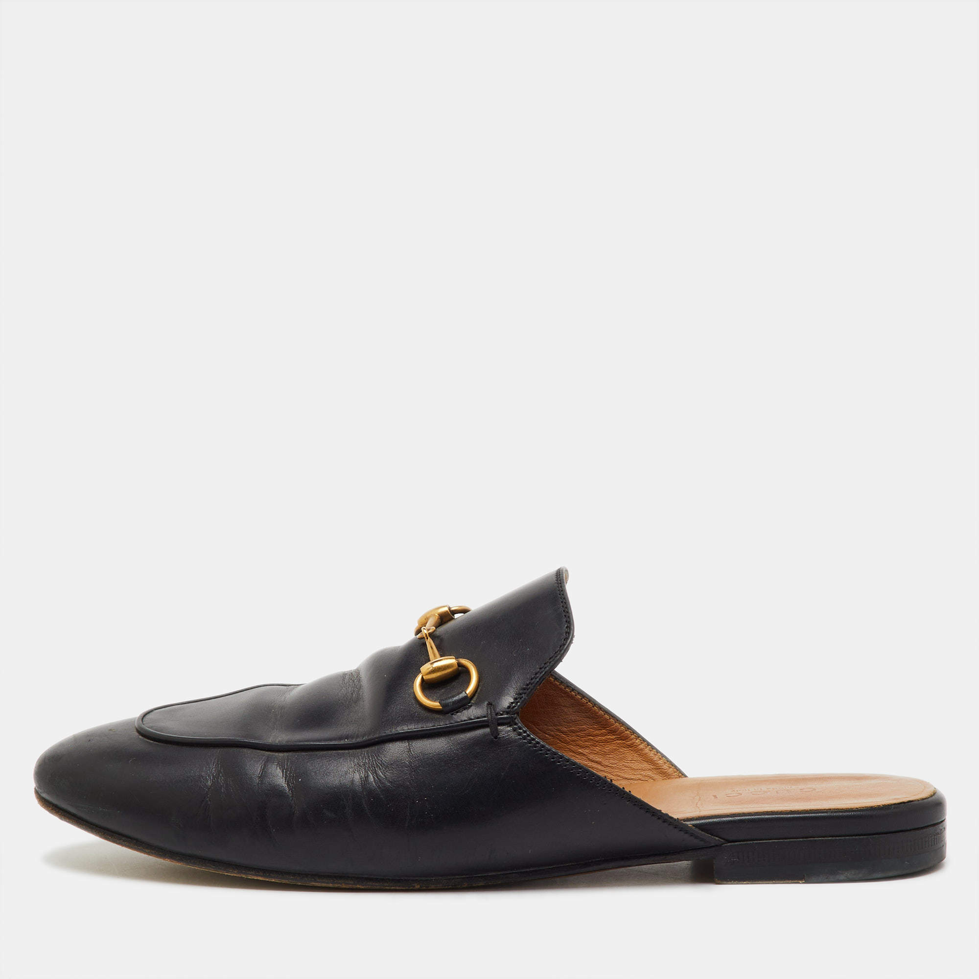 Pre Owned Gucci Black Leather Princetown Horsebit Flat Mules Size 39.5