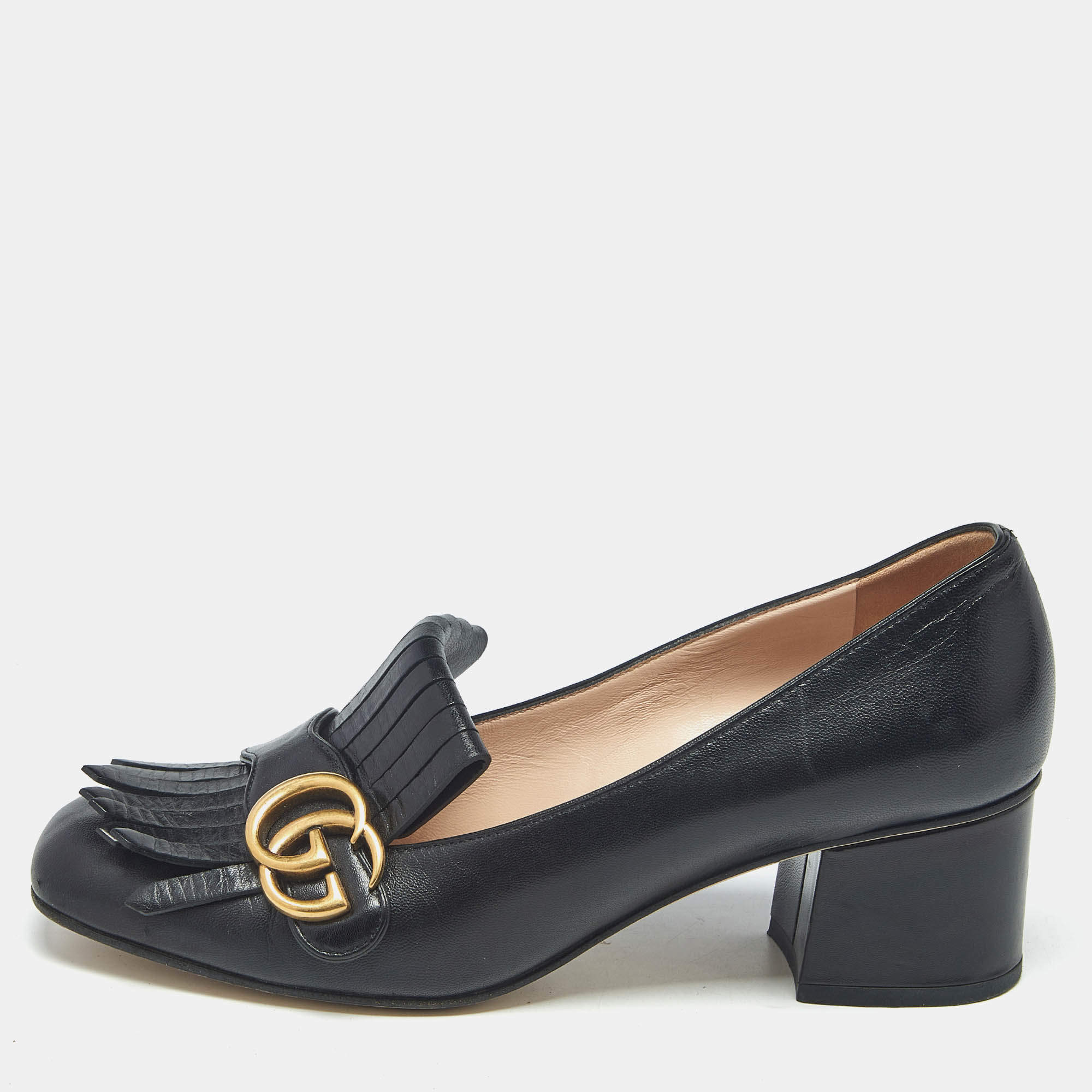 Pre Owned Gucci Black Leather Marmont GG Fringe Detail Block Heel Pumps Size 38.5