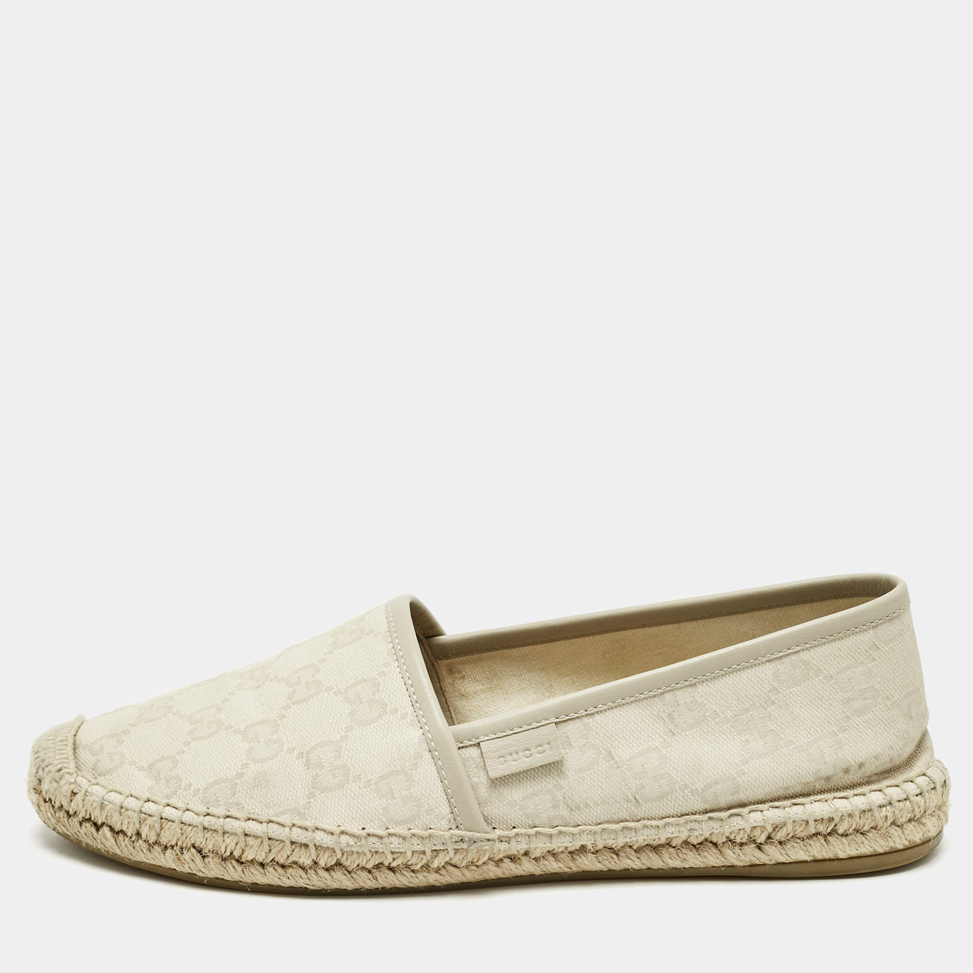 Pre Owned Gucci Grey Canvas and Leather GG Canvas Espadrille Flats Size 38.5