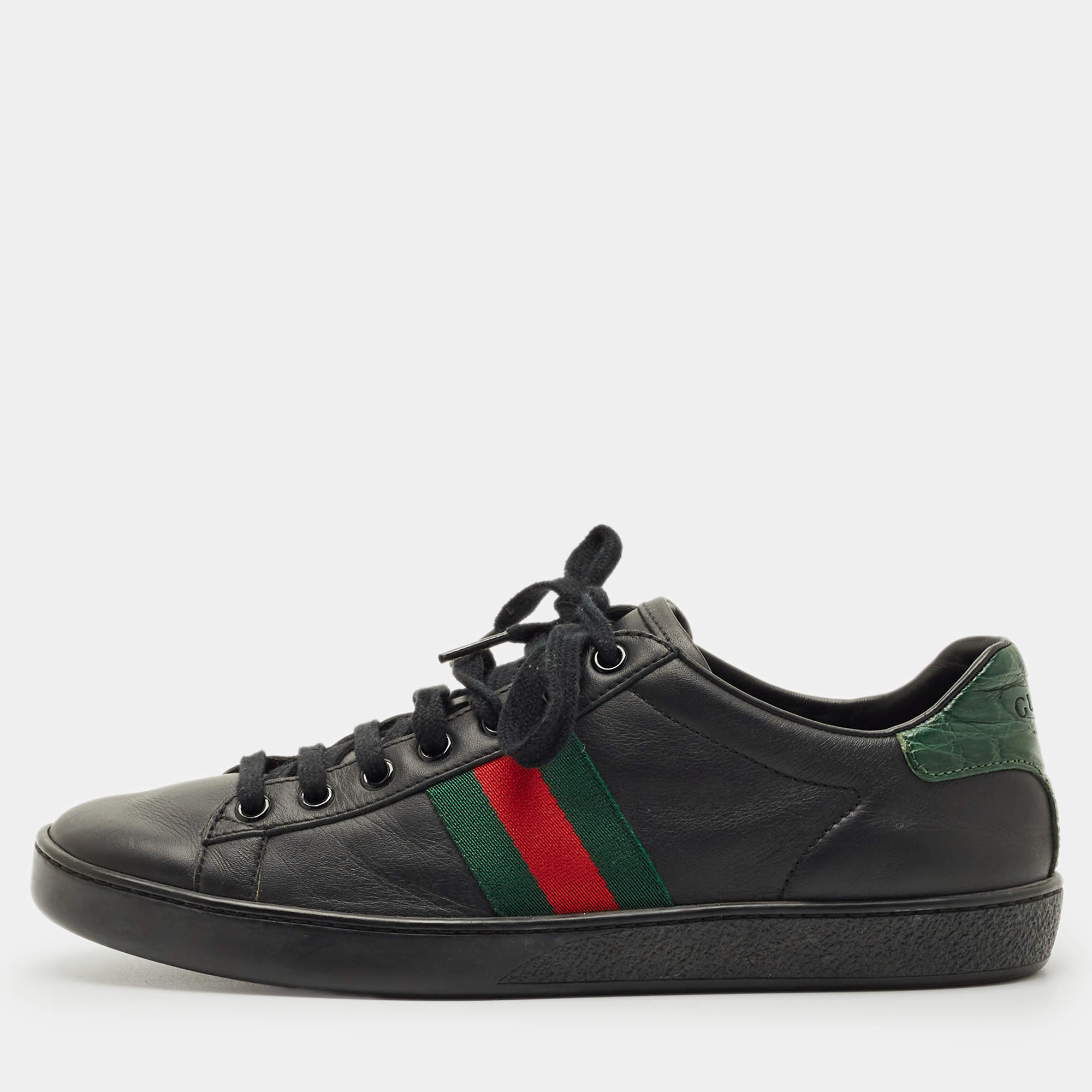 Pre Owned Gucci Black Croc Embossed and Leather Web Ace Lace Up Sneakers Size 38