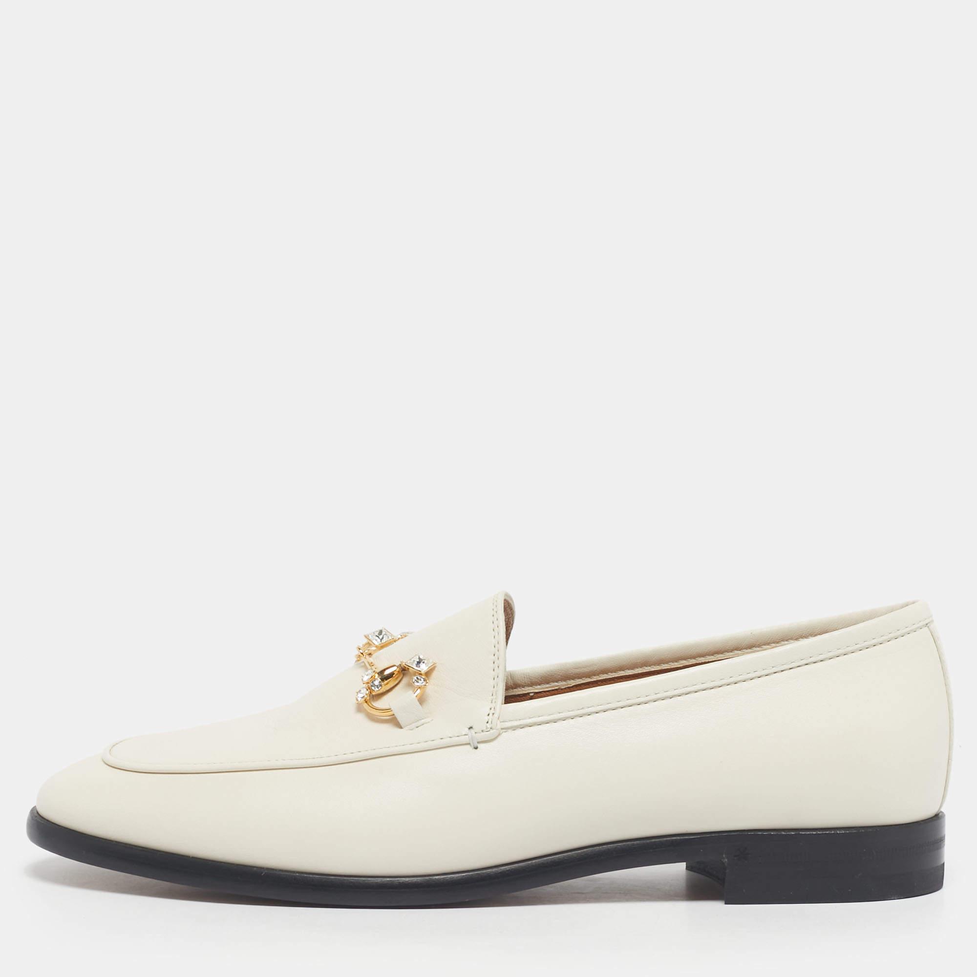 Pre Owned Gucci Cream Leather Crystal Embellished Jordaan Loafers Size 38.5