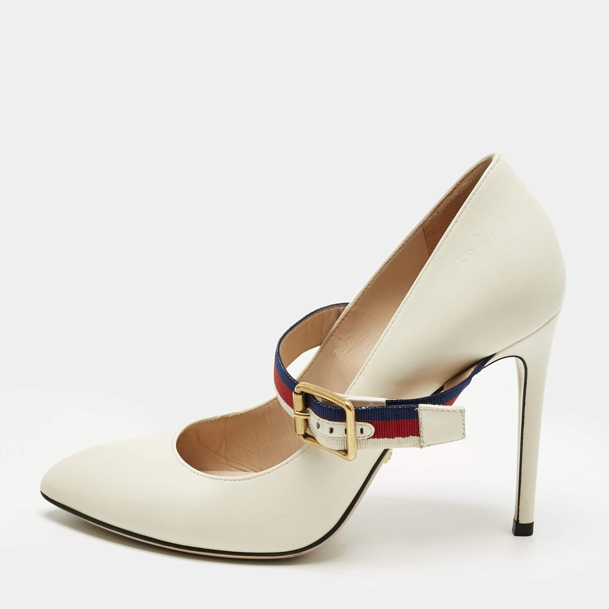 Pre Owned Gucci Cream Leather Sylvie Mary Jane Pumps Size 37.5