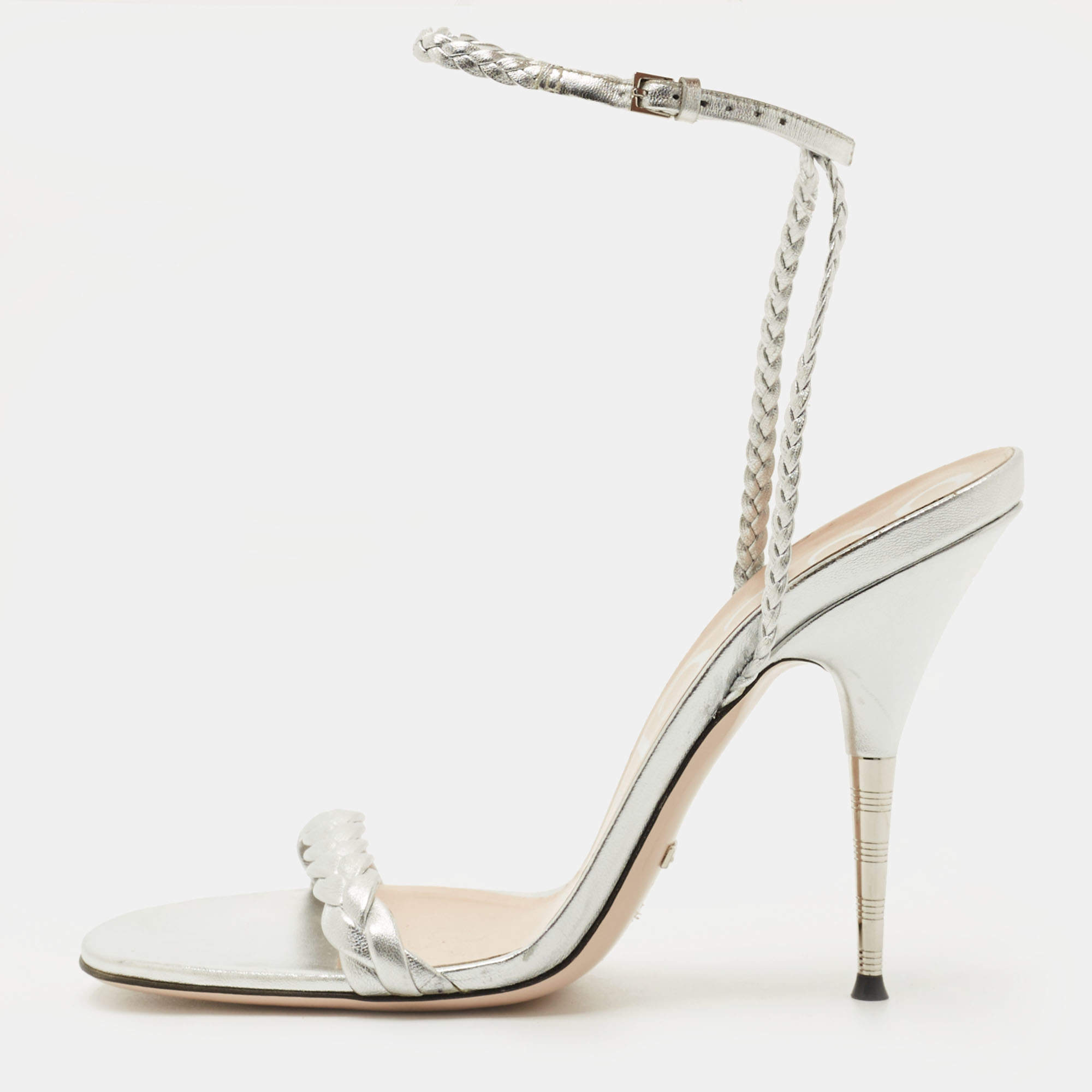 Pre Owned Gucci Silver Leather and Woven Leather Ankle Wrap Sandals Size 39.5