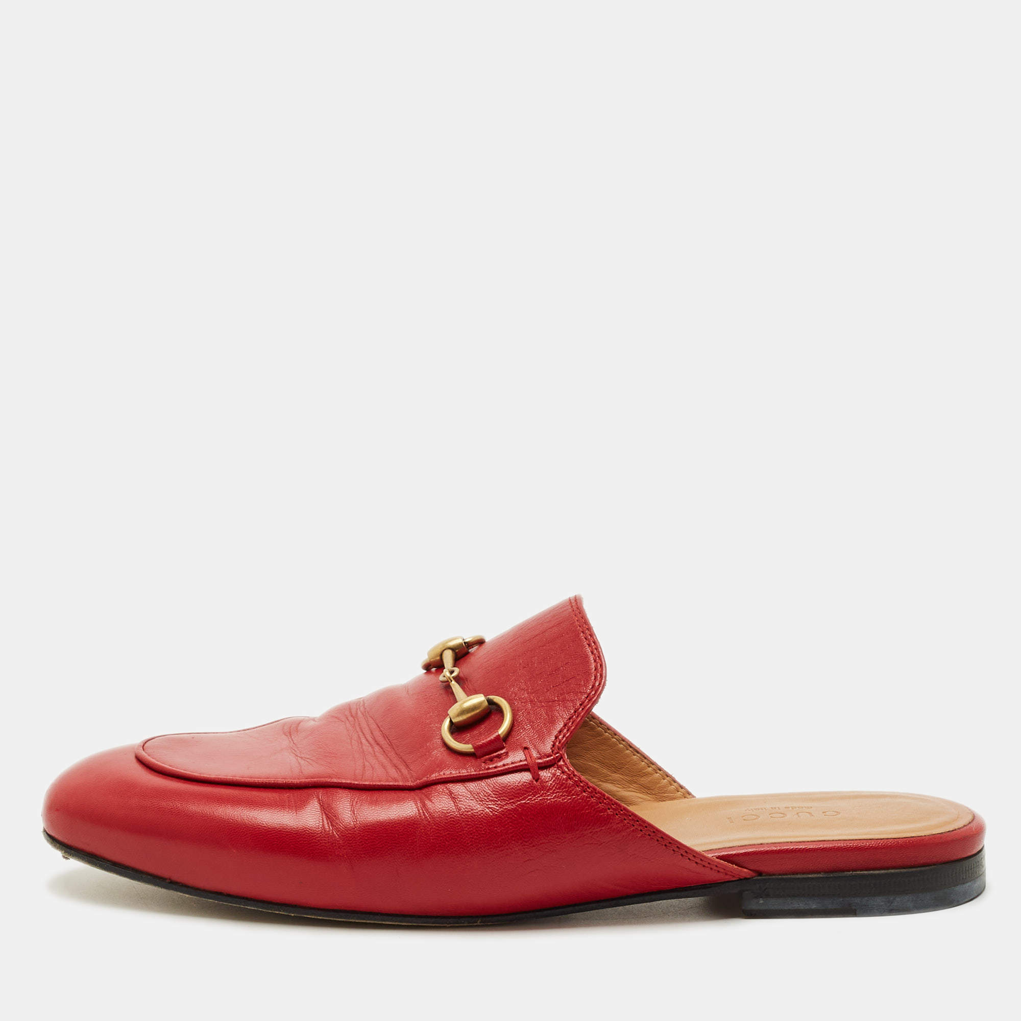 Pre Owned Gucci Red Leather Princetown Mules Size 37