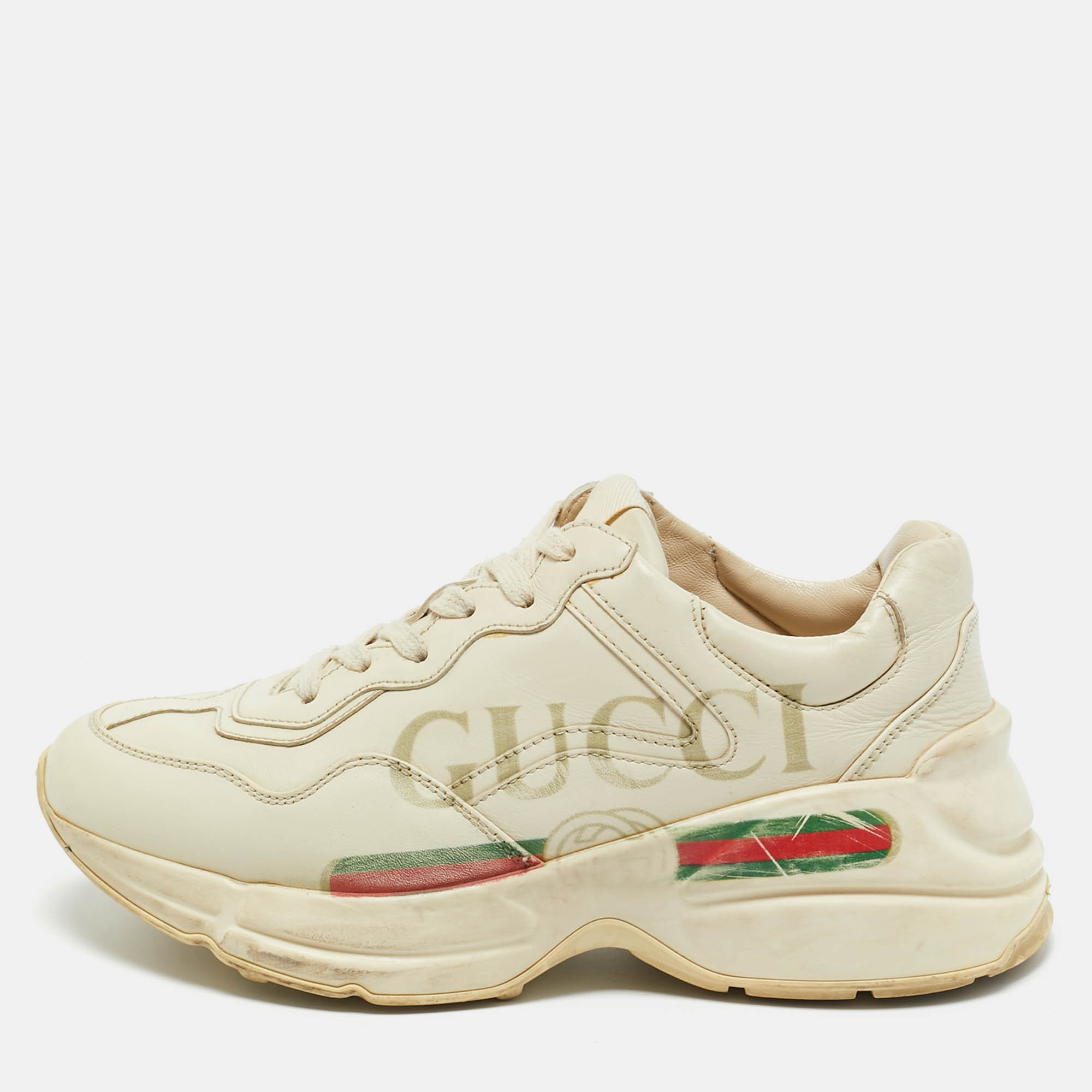 Pre Owned Gucci Cream Leather Rhyton Low Top Sneakers Size 36