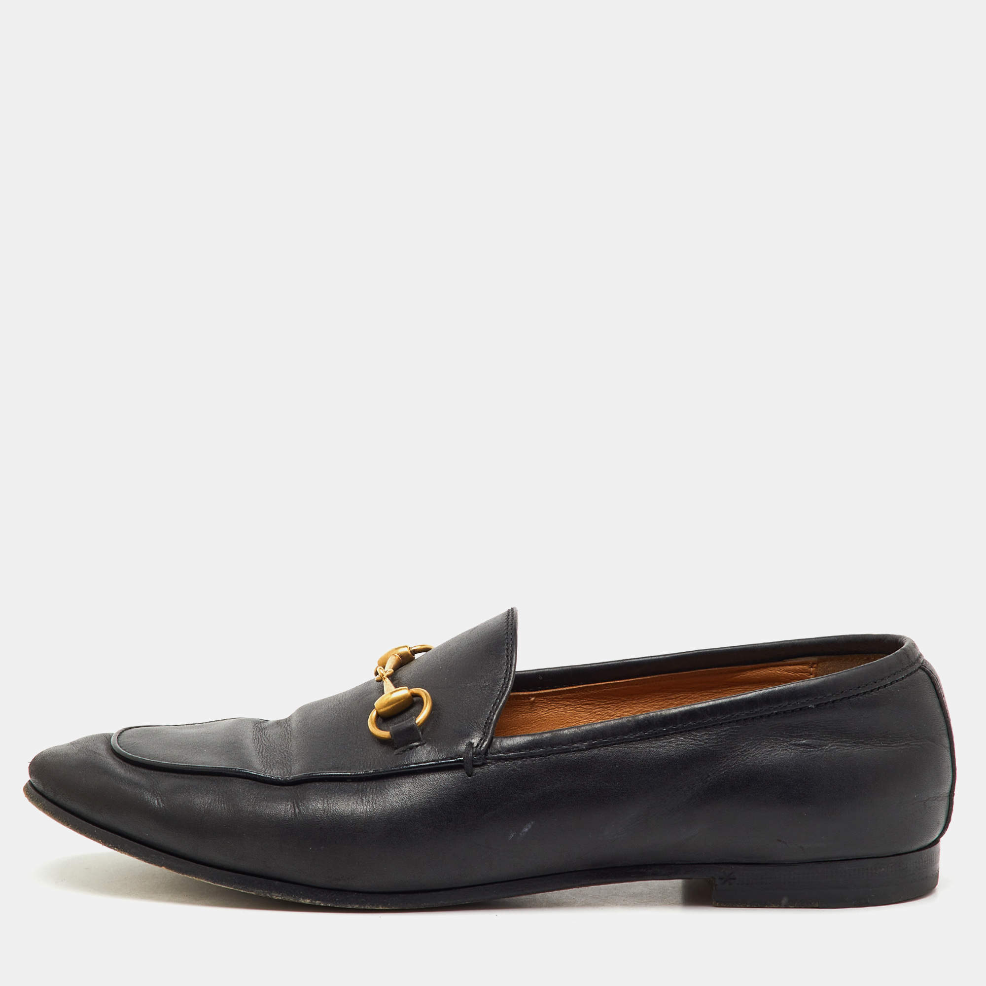 Pre Owned Gucci Black Leather Jordaan Slip On Loafers Size 38