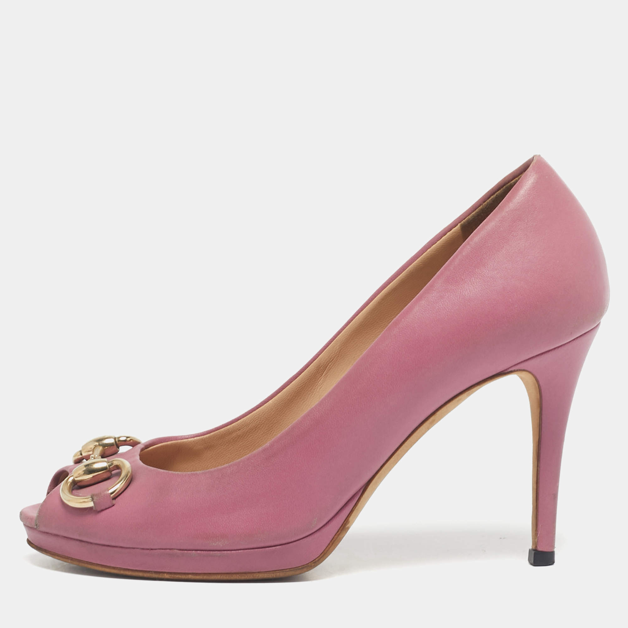 Pre Owned Gucci Pink Leather Jolene Peep Toe Pumps Size 36
