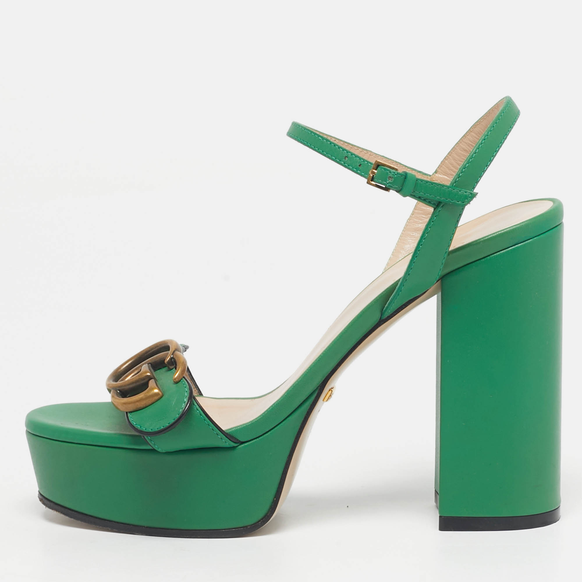 Pre Owned Gucci Green Leather GG Marmont Block Heel Ankle Strap Sandals Size 35