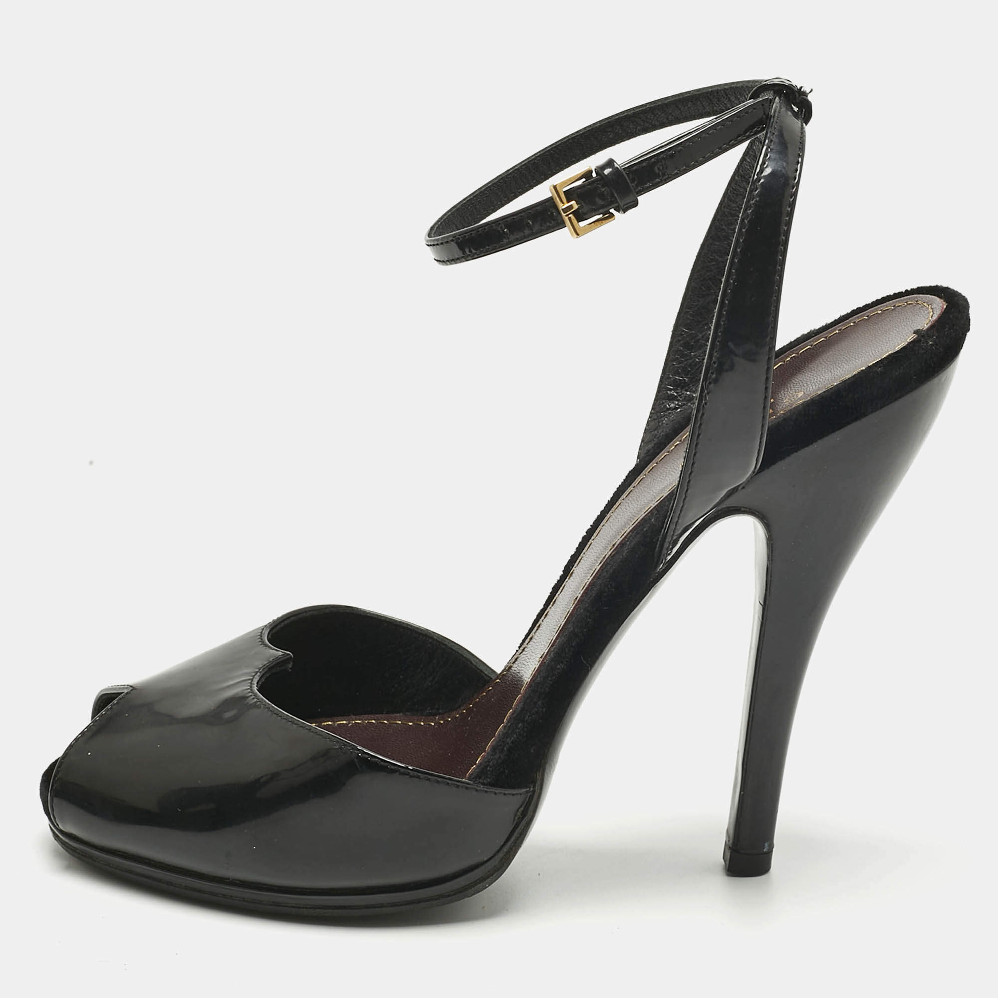 Pre Owned Gucci Black Patent Leather Peep Toe Ankle Strap Sandals Size 37.5