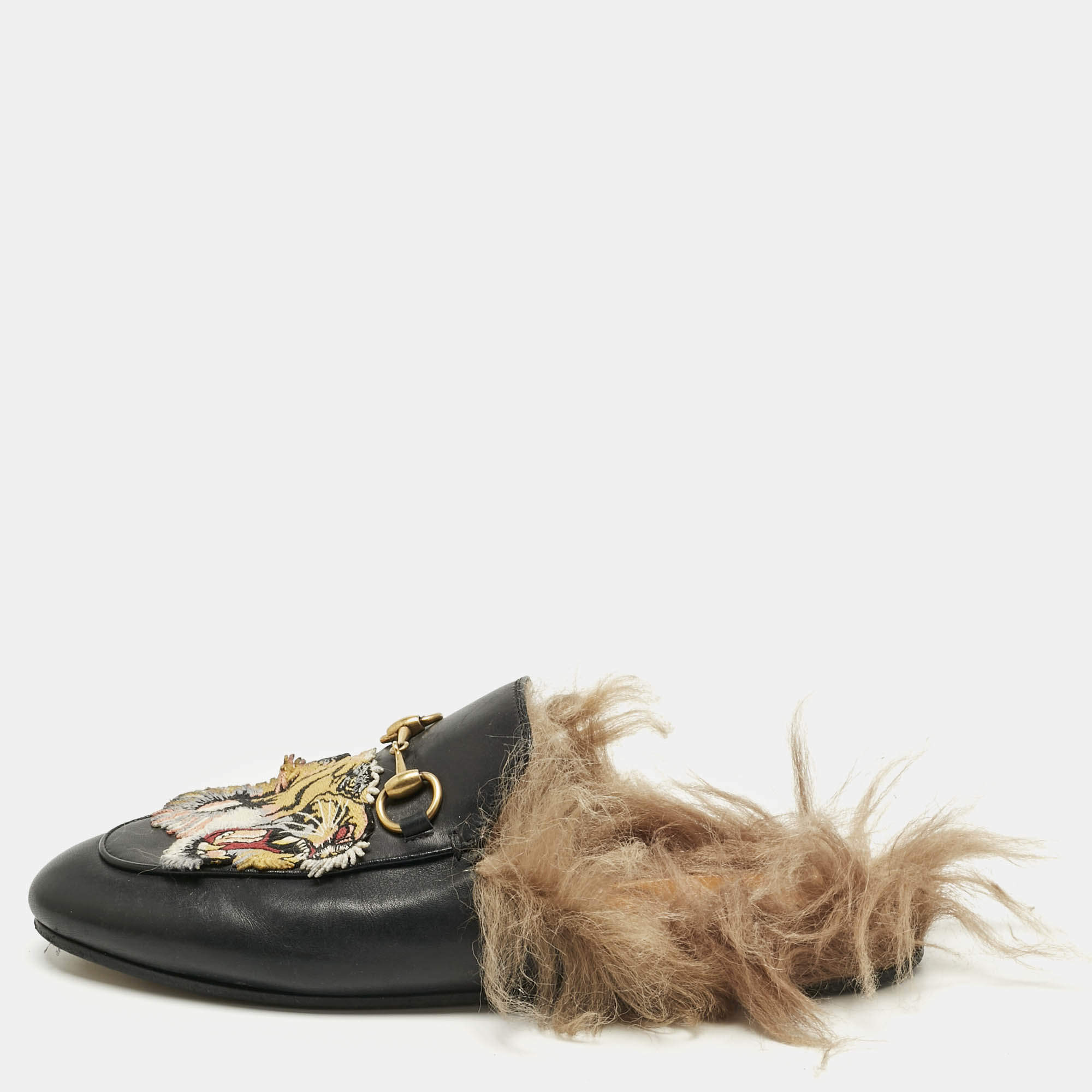 Pre Owned Gucci Black Fur and Leather Princetown Mules Size 37
