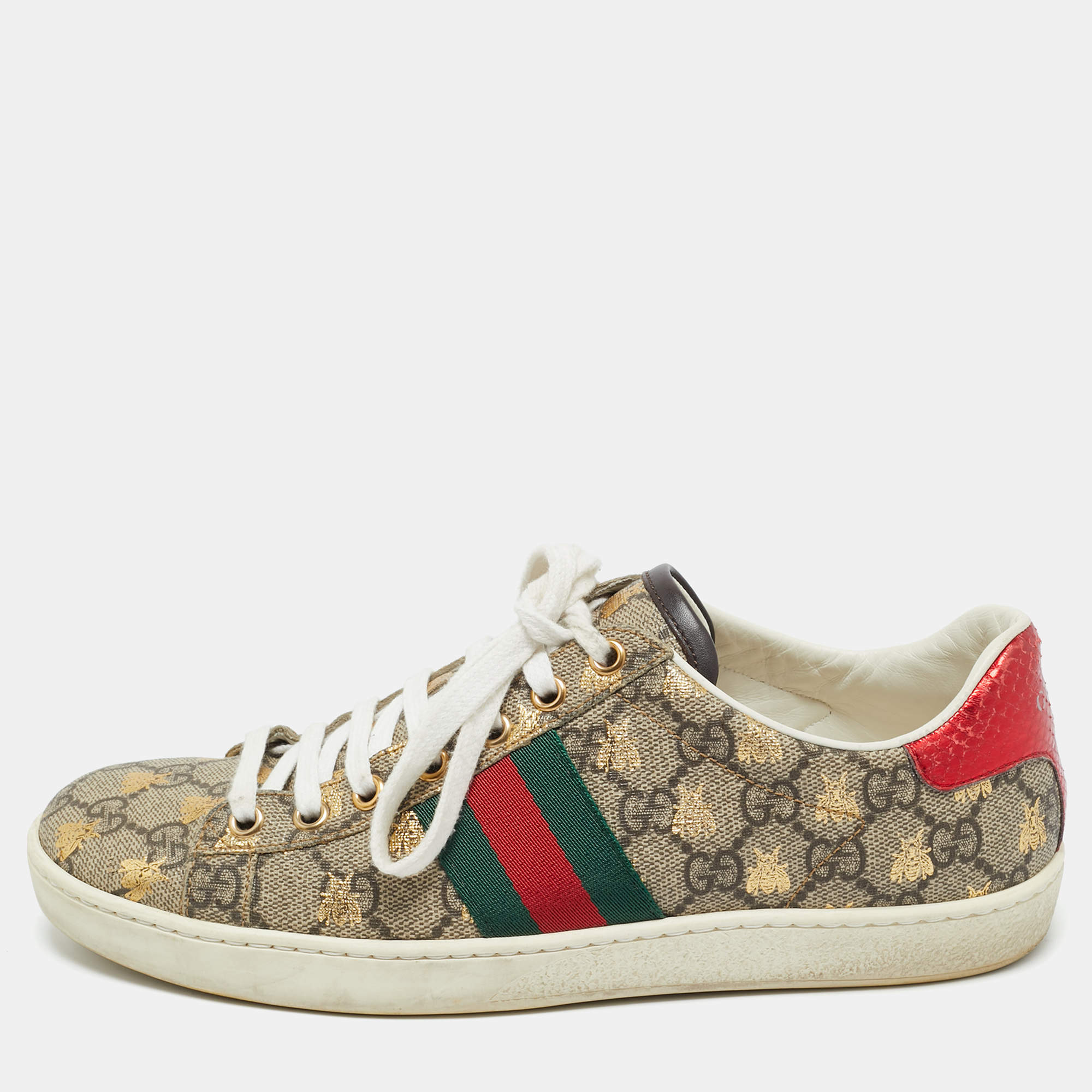 Pre Owned Gucci Beige Coated Canvas and Snakeskin Embossed Leather Ace Low Top Sneakers Size 37.5