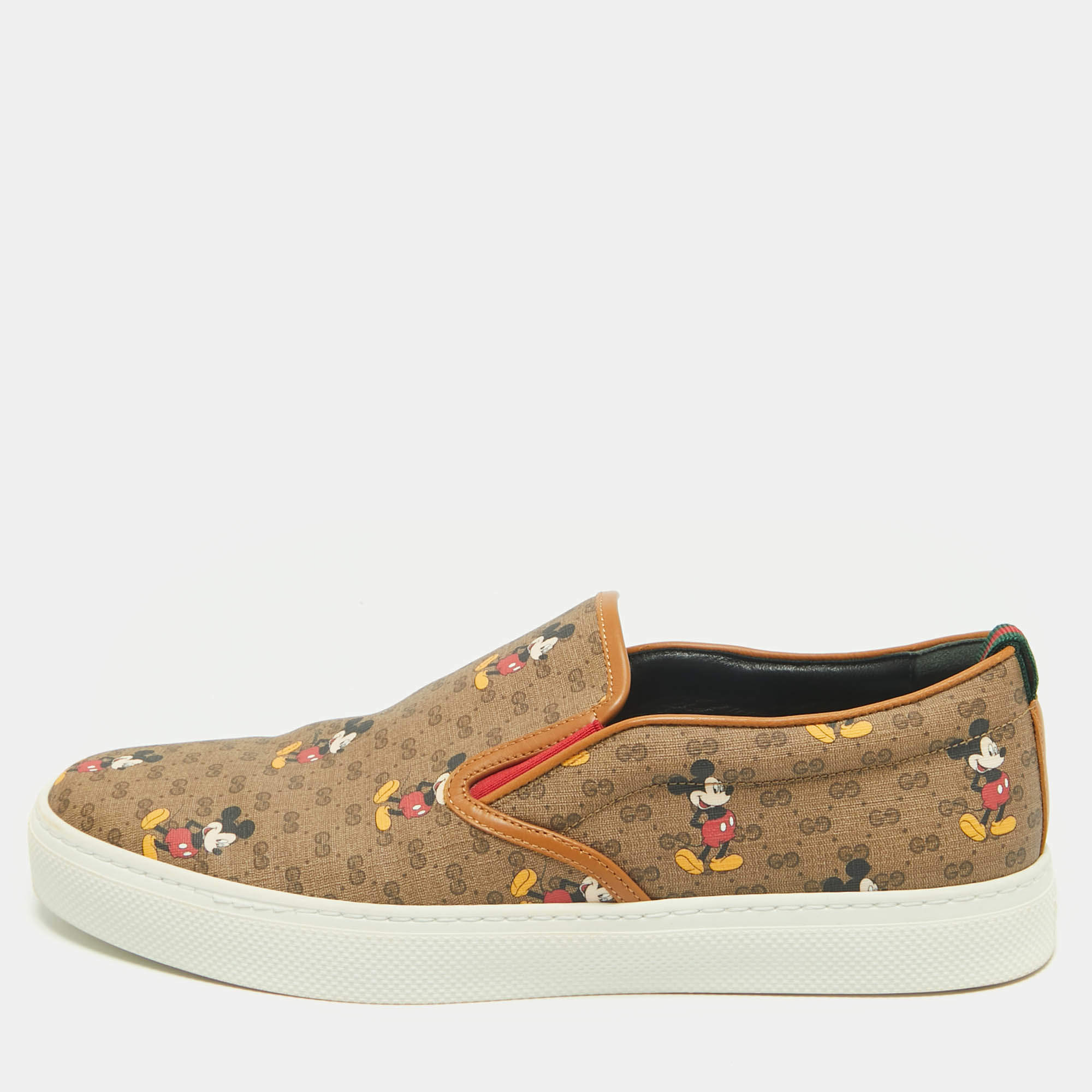 Pre Owned Disney x Gucci Brown GG Supreme Canvas Slip-On Mickey Mouse Sneakers Size 44.5
