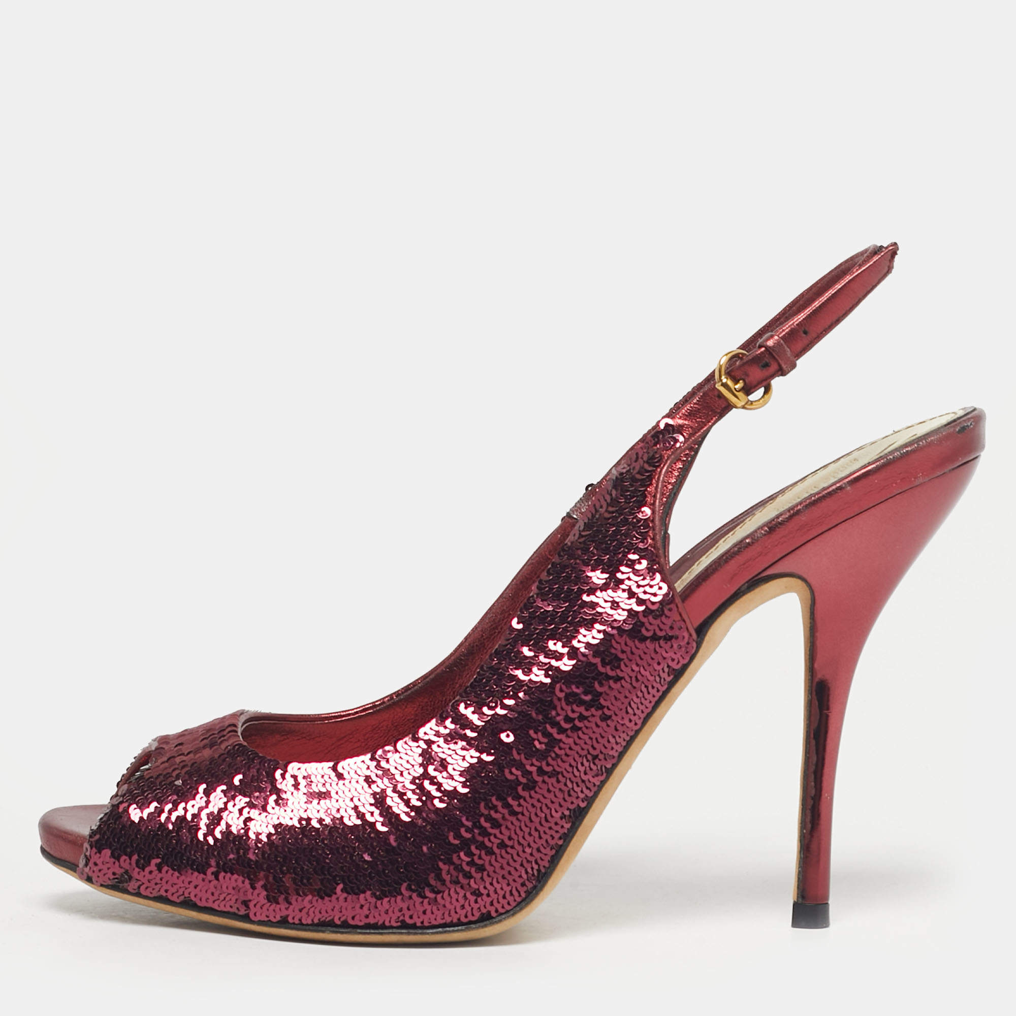 Pre Owned Gucci Purple Sequins Peep Toe Slingback Pumps Size 37.5