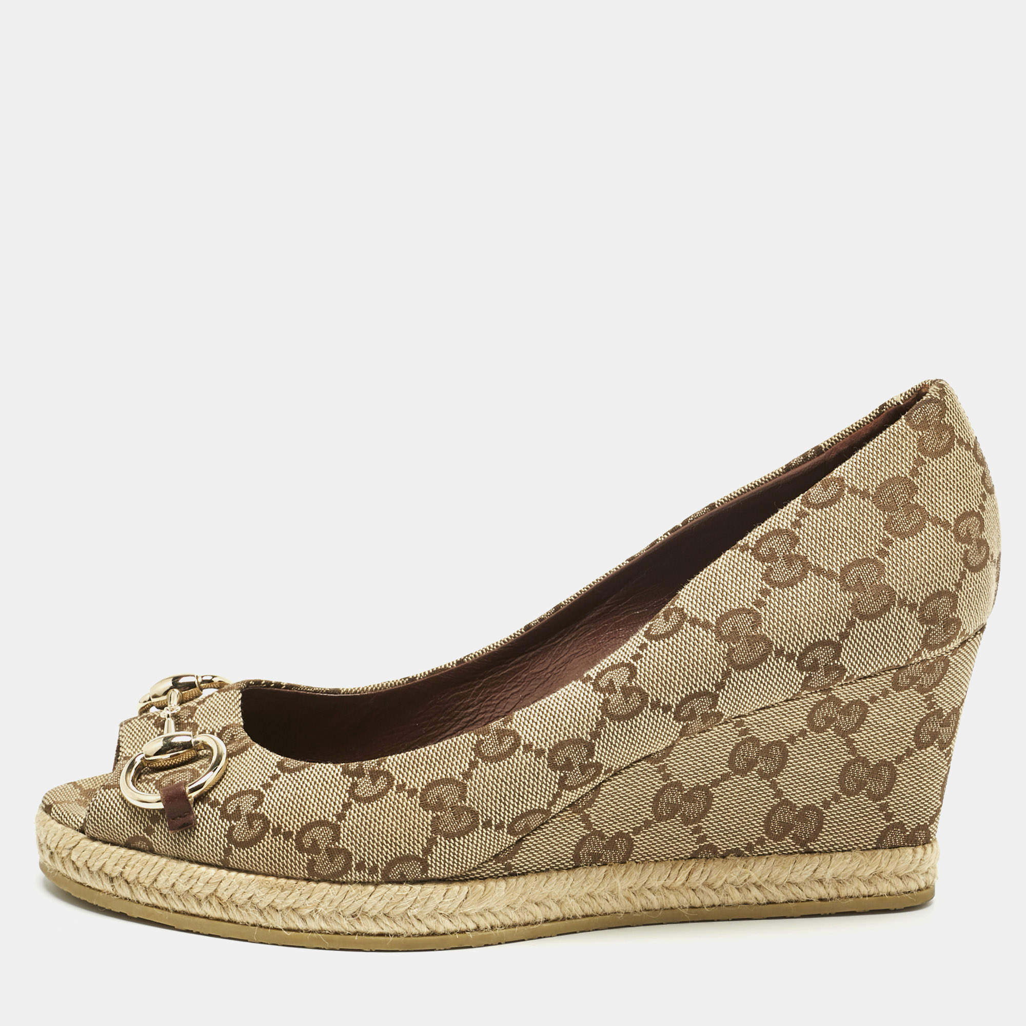 Pre Owned Gucci Beige GG Canvas Charlotte Horsebit Wedge Pumps Size 38