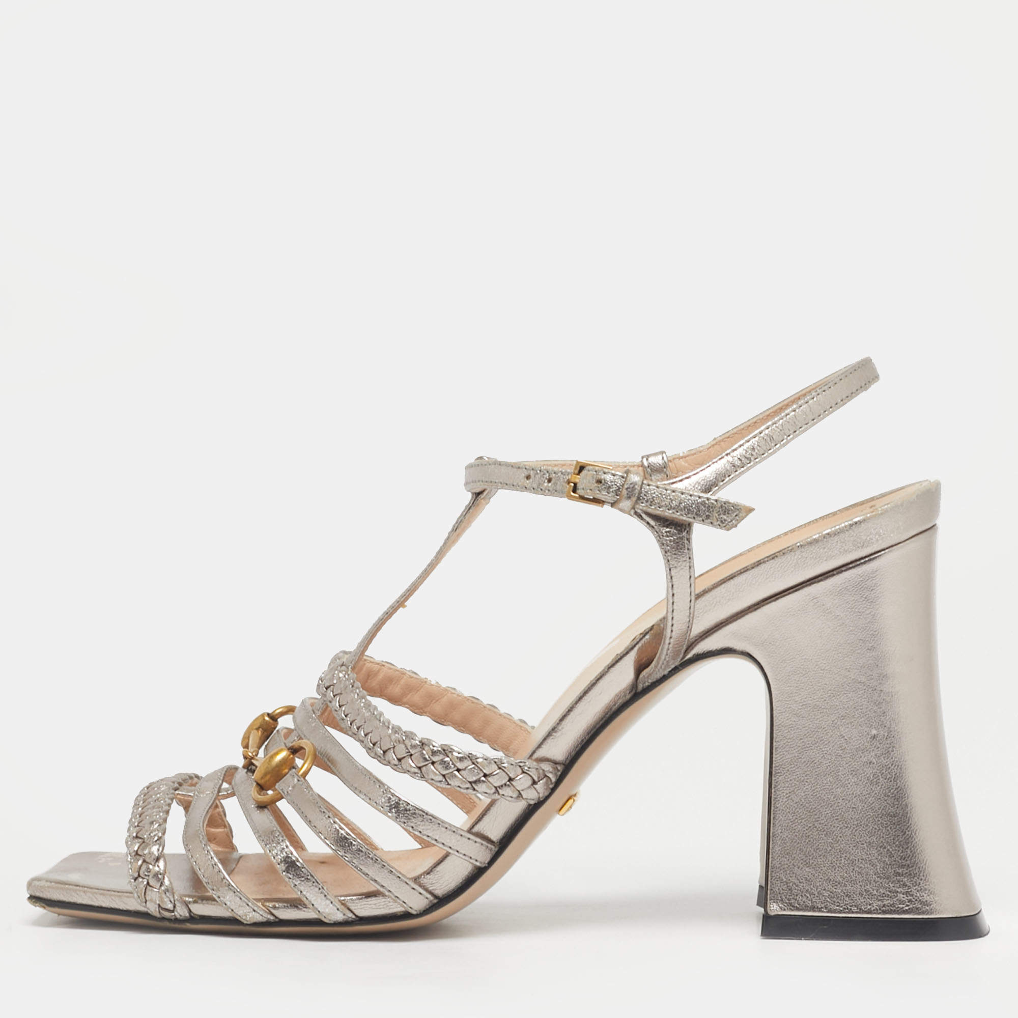 Pre Owned Gucci Rose Gold Leather Horsebit Ankle Strap Sandals Size 38