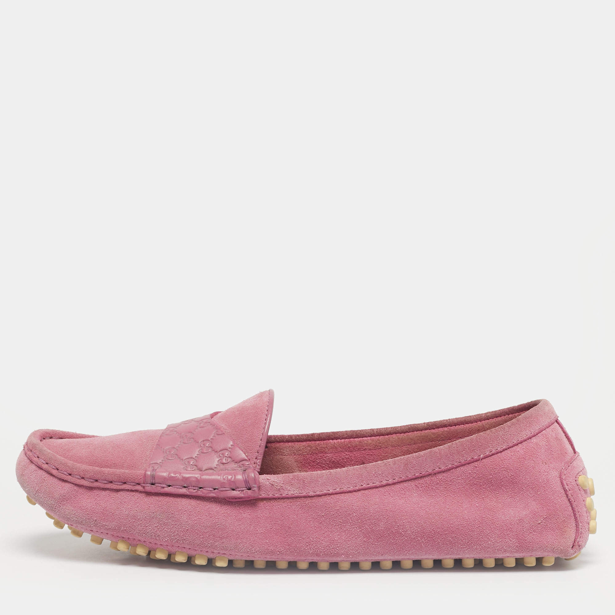 Pre Owned حذاء لوفرز غوتشي ميكروغوتشيسيما جلد وزغب وردي مقاس 38.5