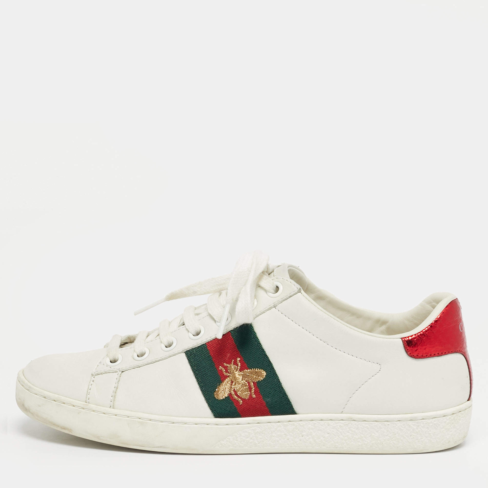 Pre Owned Gucci White Snakeskin Embossed and Leather Ace Lace Up Sneakers Size 36