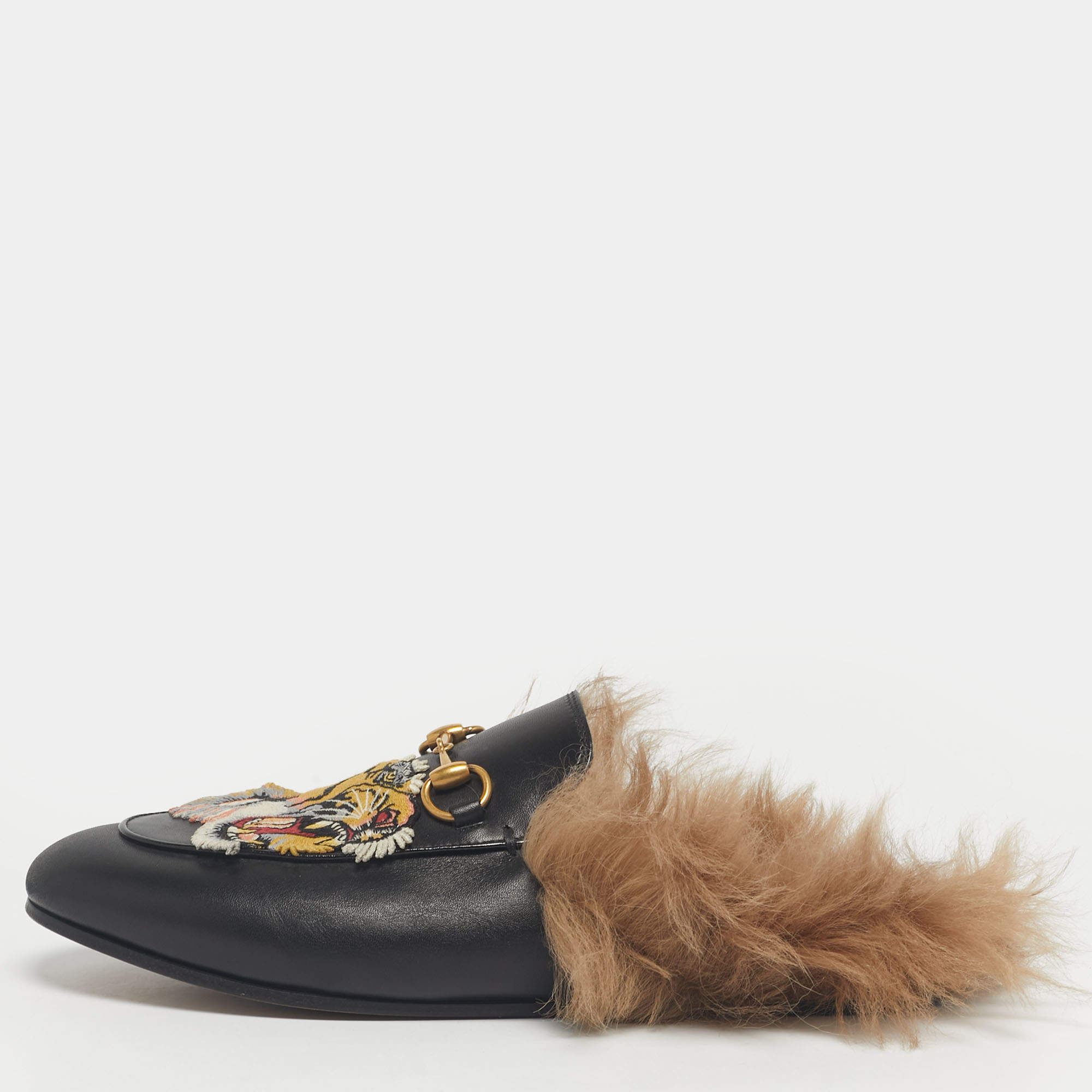 Pre Owned Gucci Black Leather and Fur Tiger Patch Princetown Flat Mules Size 37.5