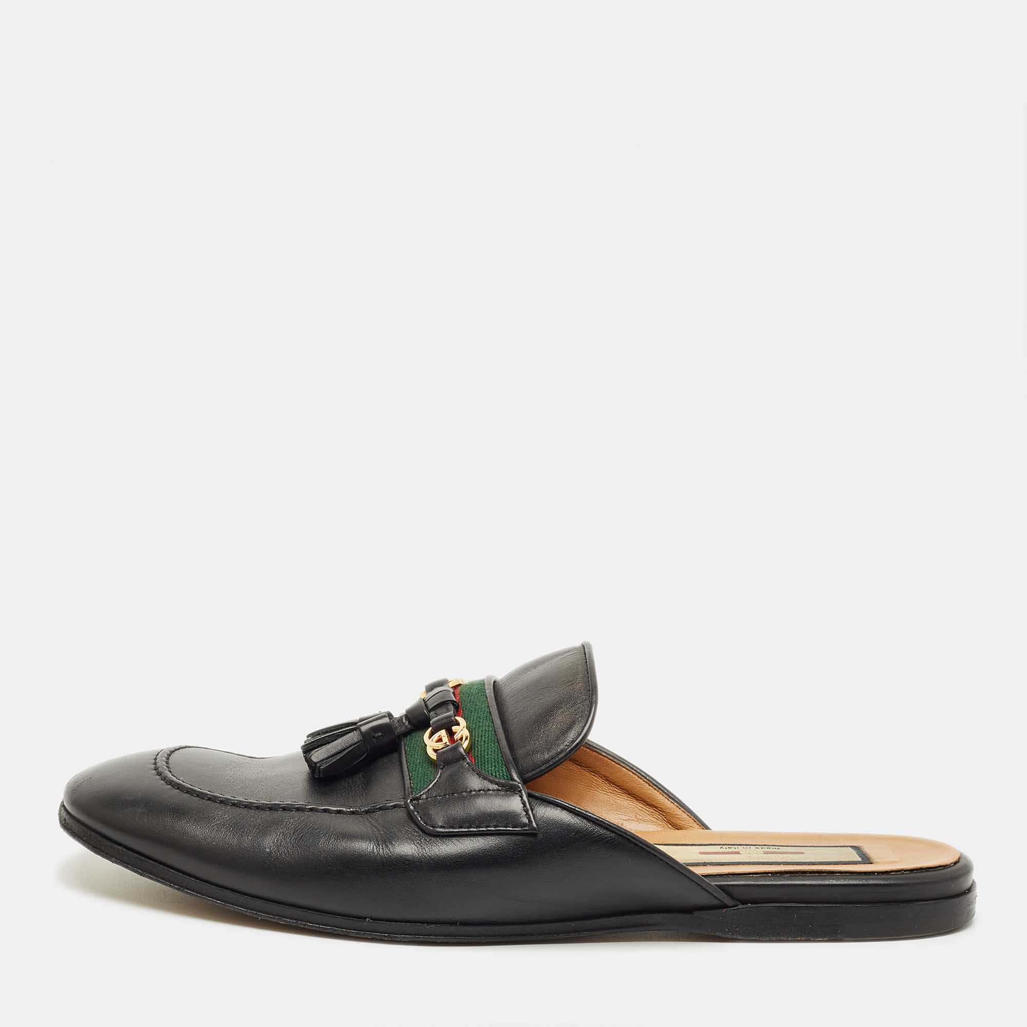 Pre Owned Gucci Black Leather Tassel Princetown Flat Mules Size 38