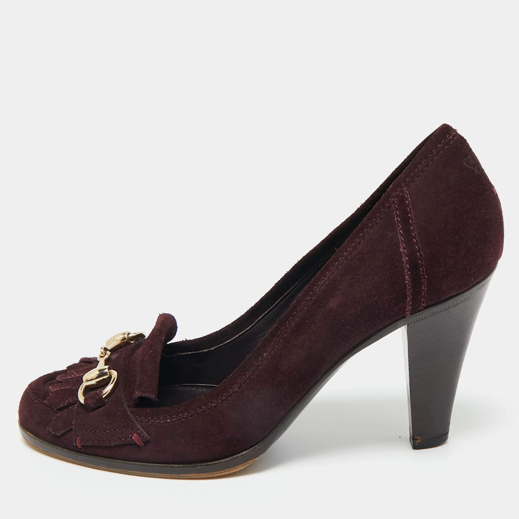 Pre Owned Gucci Purple Suede Horsebit Fringe Loafer Pumps Size 36.5
