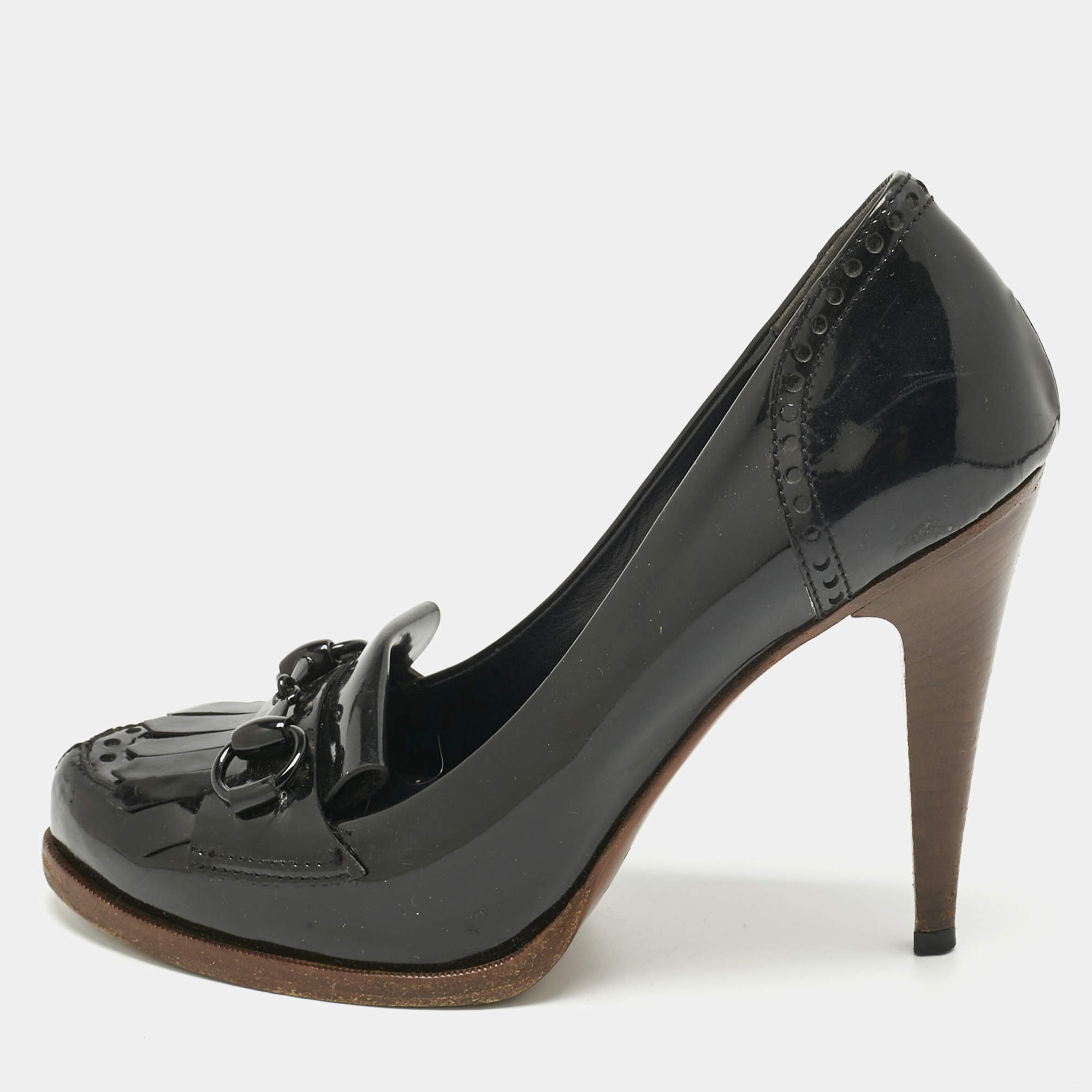 Pre Owned Gucci Black Patent Leather Horsebit Pumps Size 37