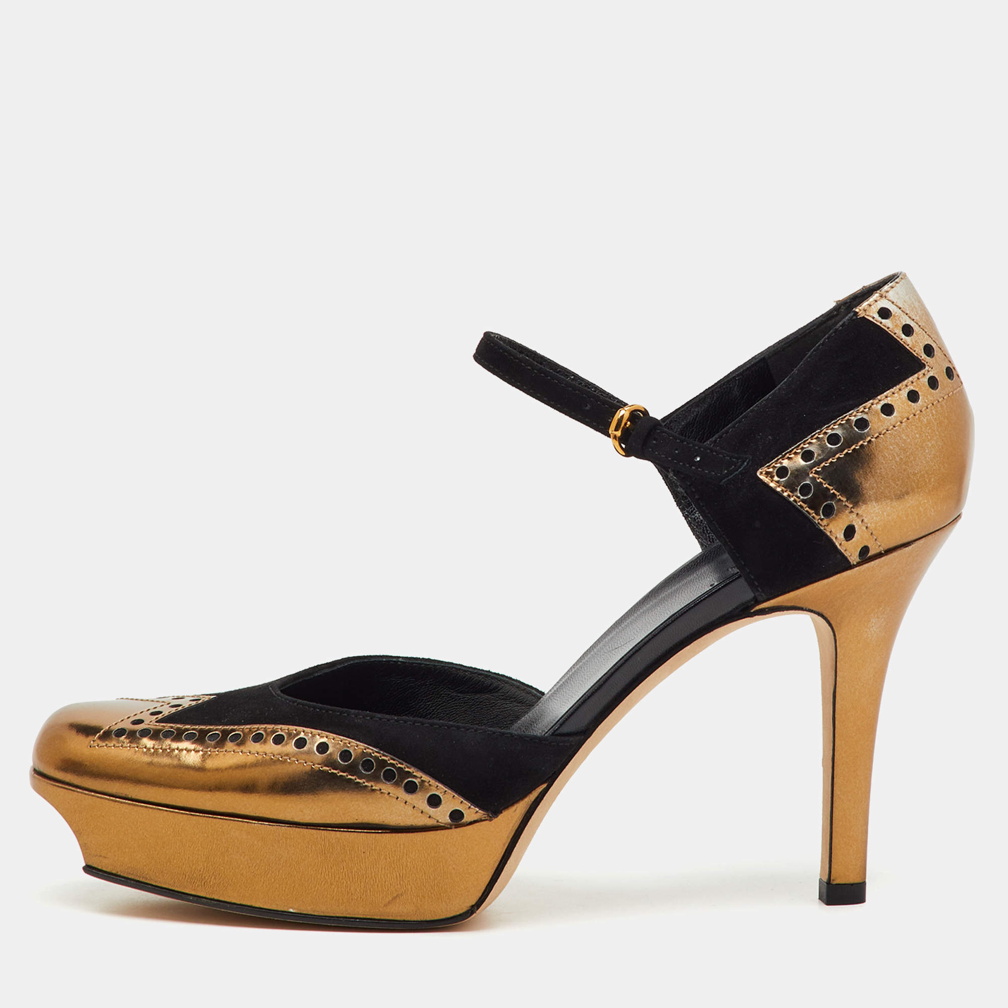 مملوكة مسبقًا Gucci Black/Gold Suede and Patent Leather Ankle Strap Platform Pumps Size 40